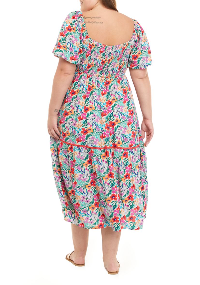 Plus Size Puff Sleeve Floral Midi Dress