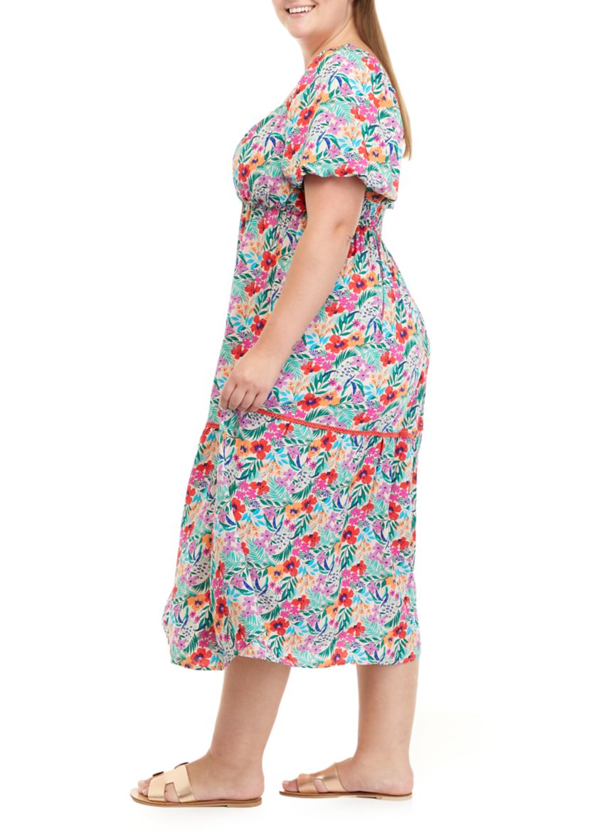 Plus Size Puff Sleeve Floral Midi Dress