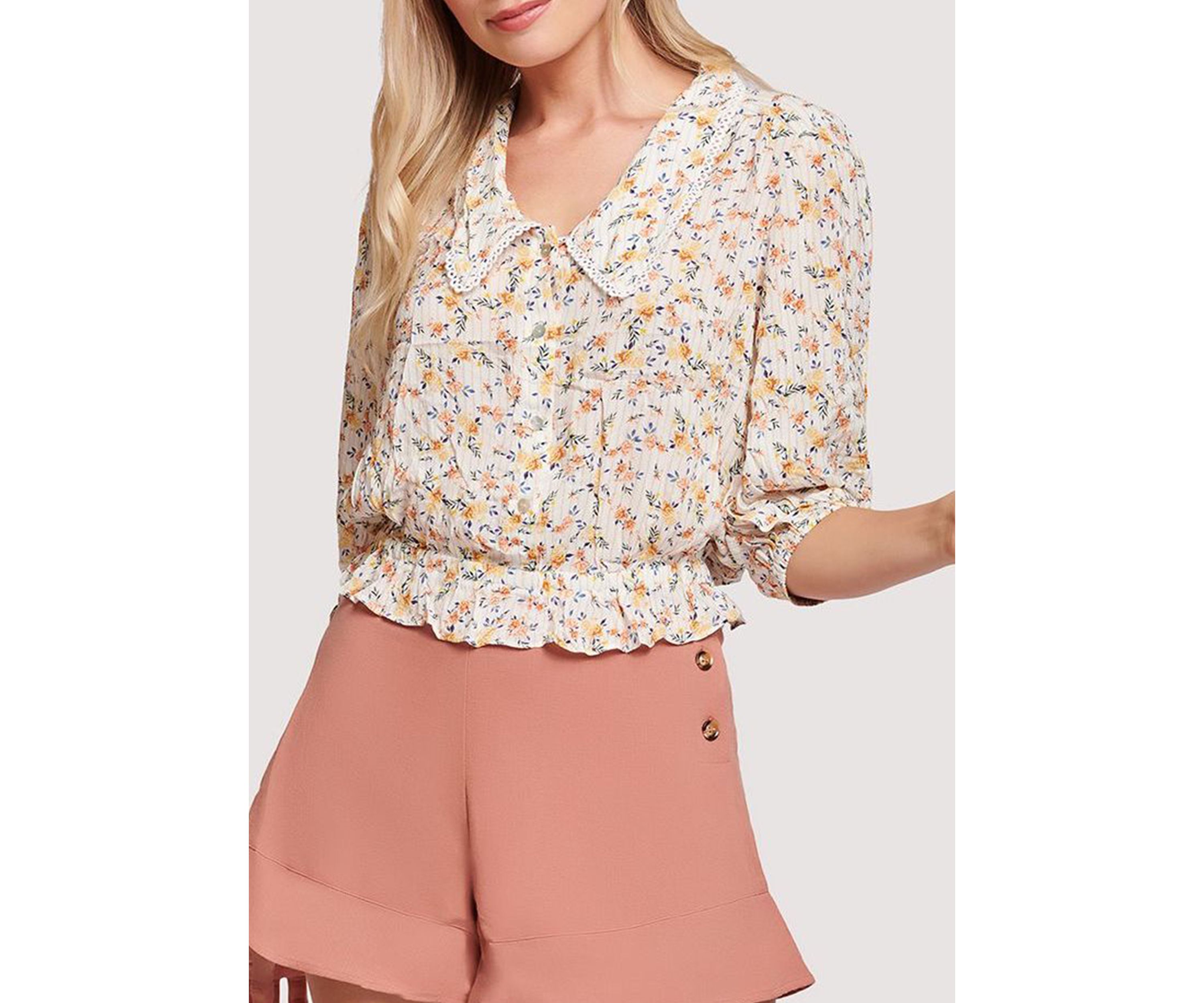 Womens Elbow Puff Sleeve Floral Collared Top 