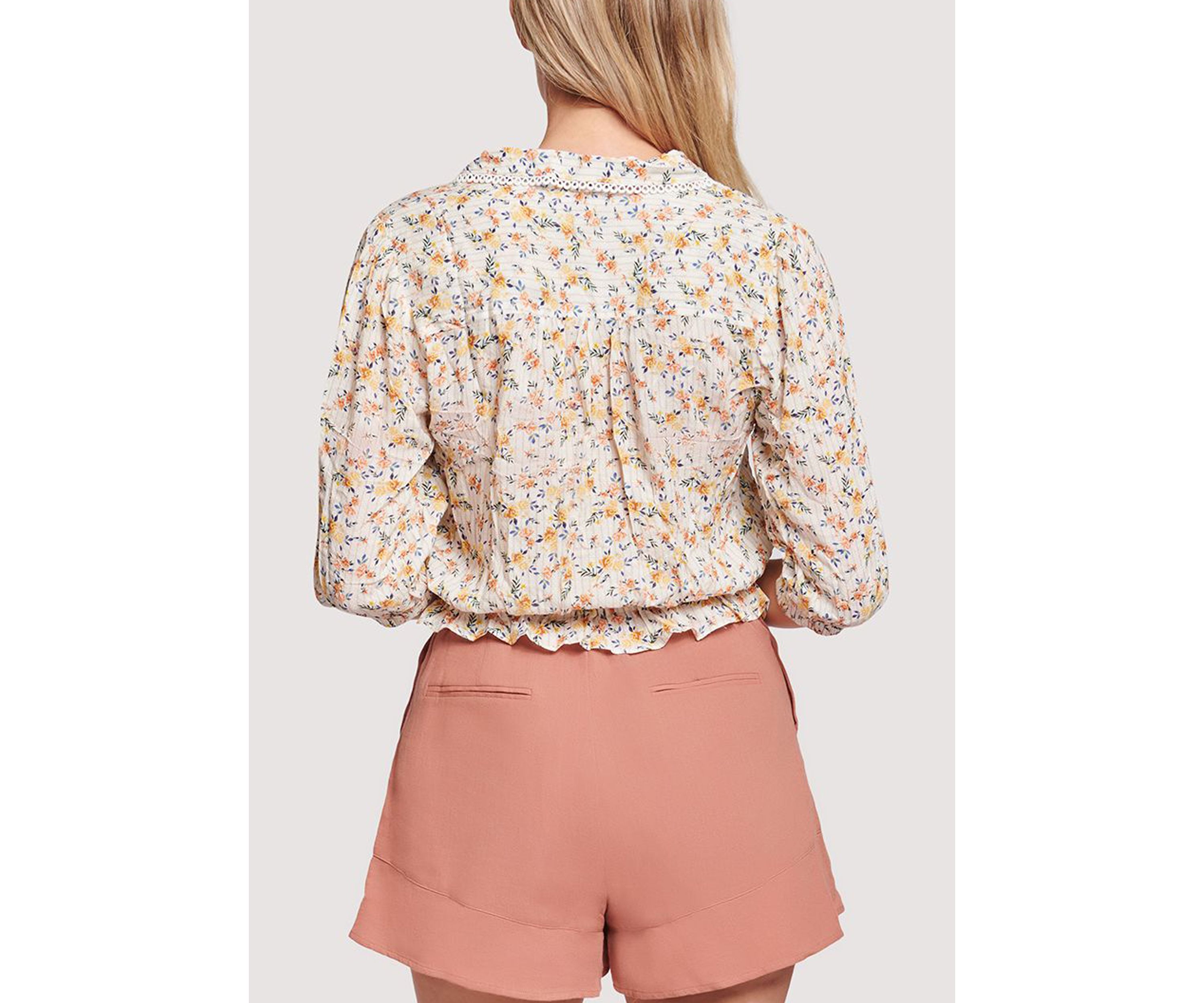 Womens Elbow Puff Sleeve Floral Collared Top 