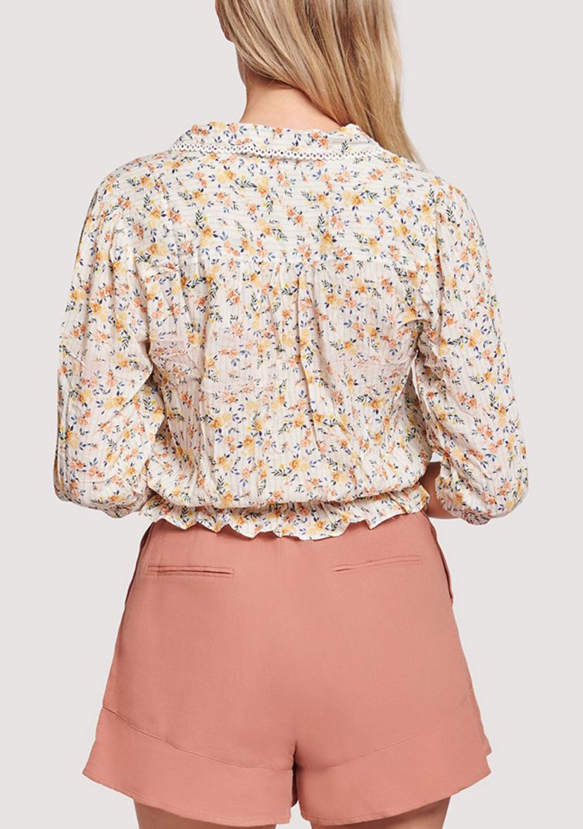 Womens Elbow Puff Sleeve Floral Collared Top 