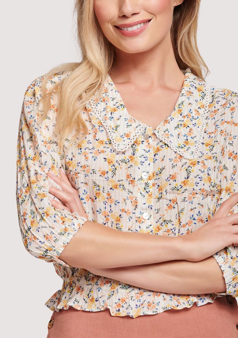 Womens Elbow Puff Sleeve Floral Collared Top 
