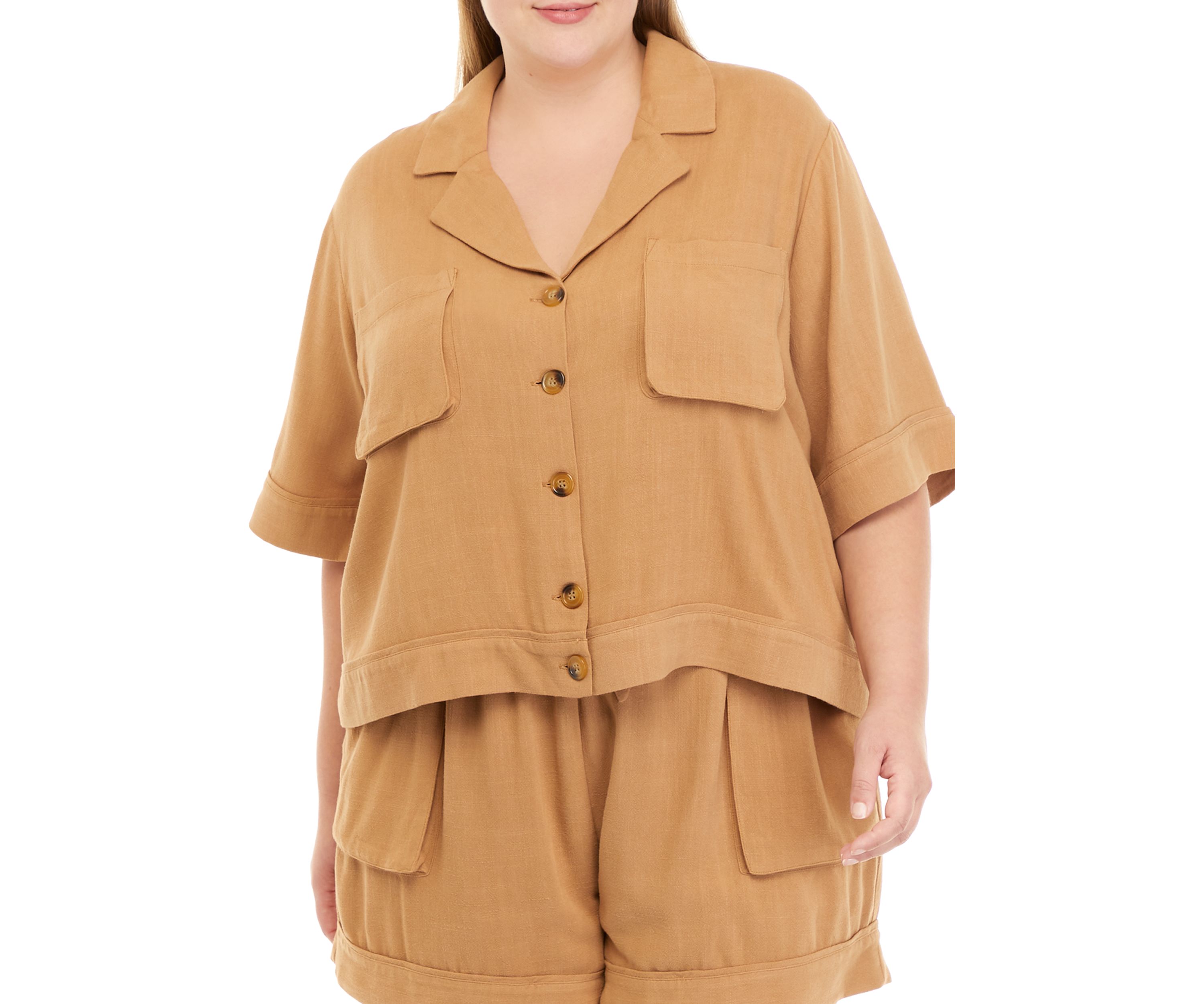 Plus Size Elbow Sleeve Notch Collar Top 