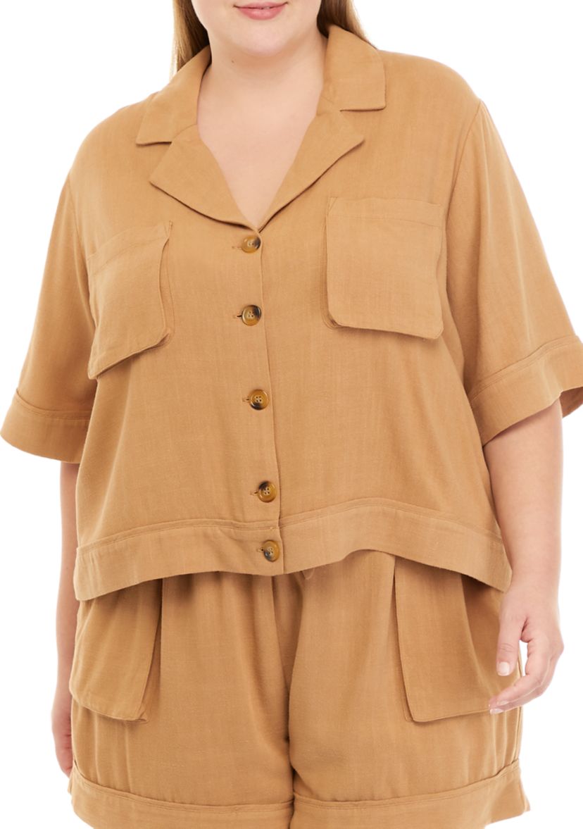 Plus Size Elbow Sleeve Notch Collar Top 