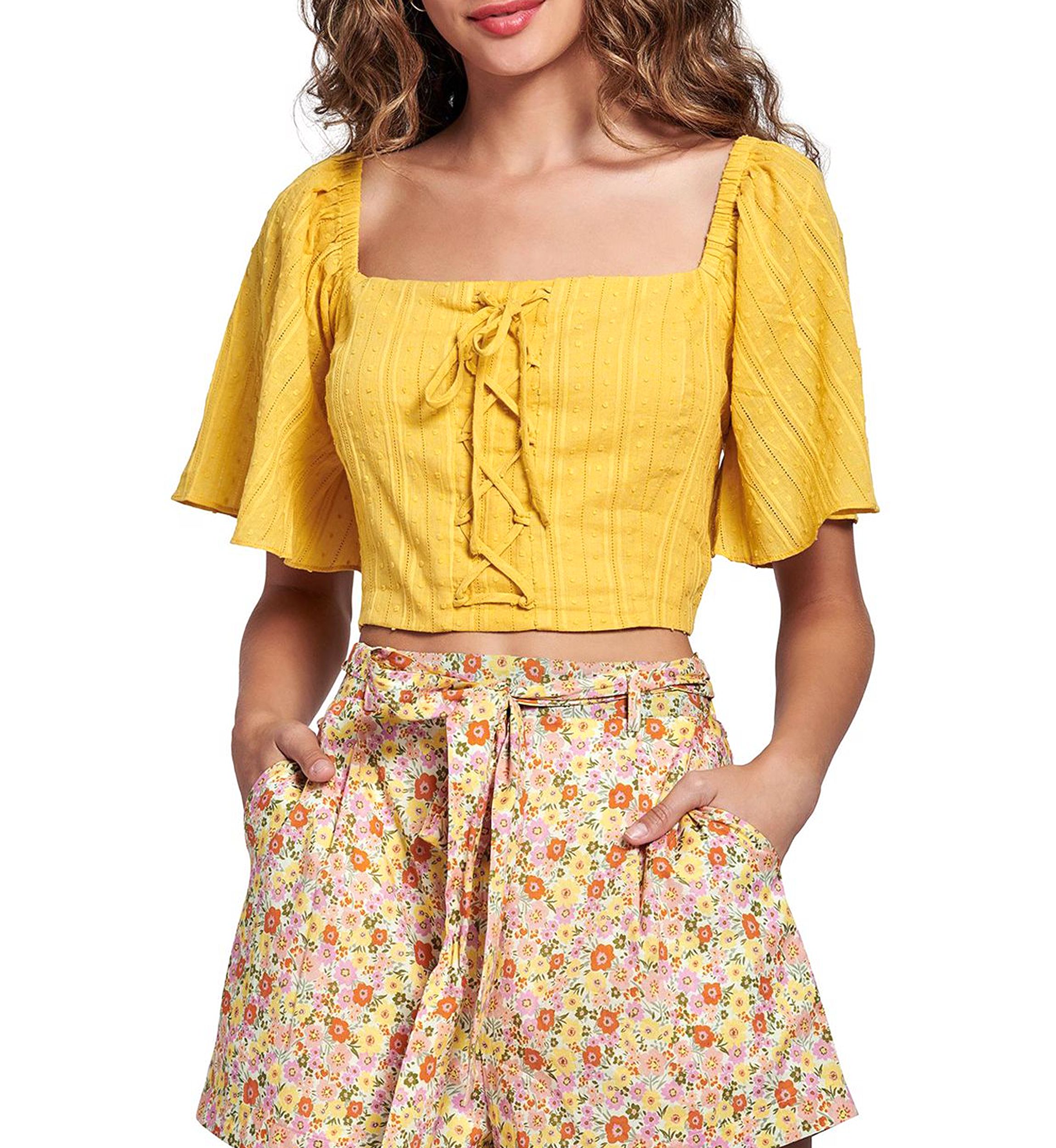Womens Flutter Sleeve Lace-Up Front Top