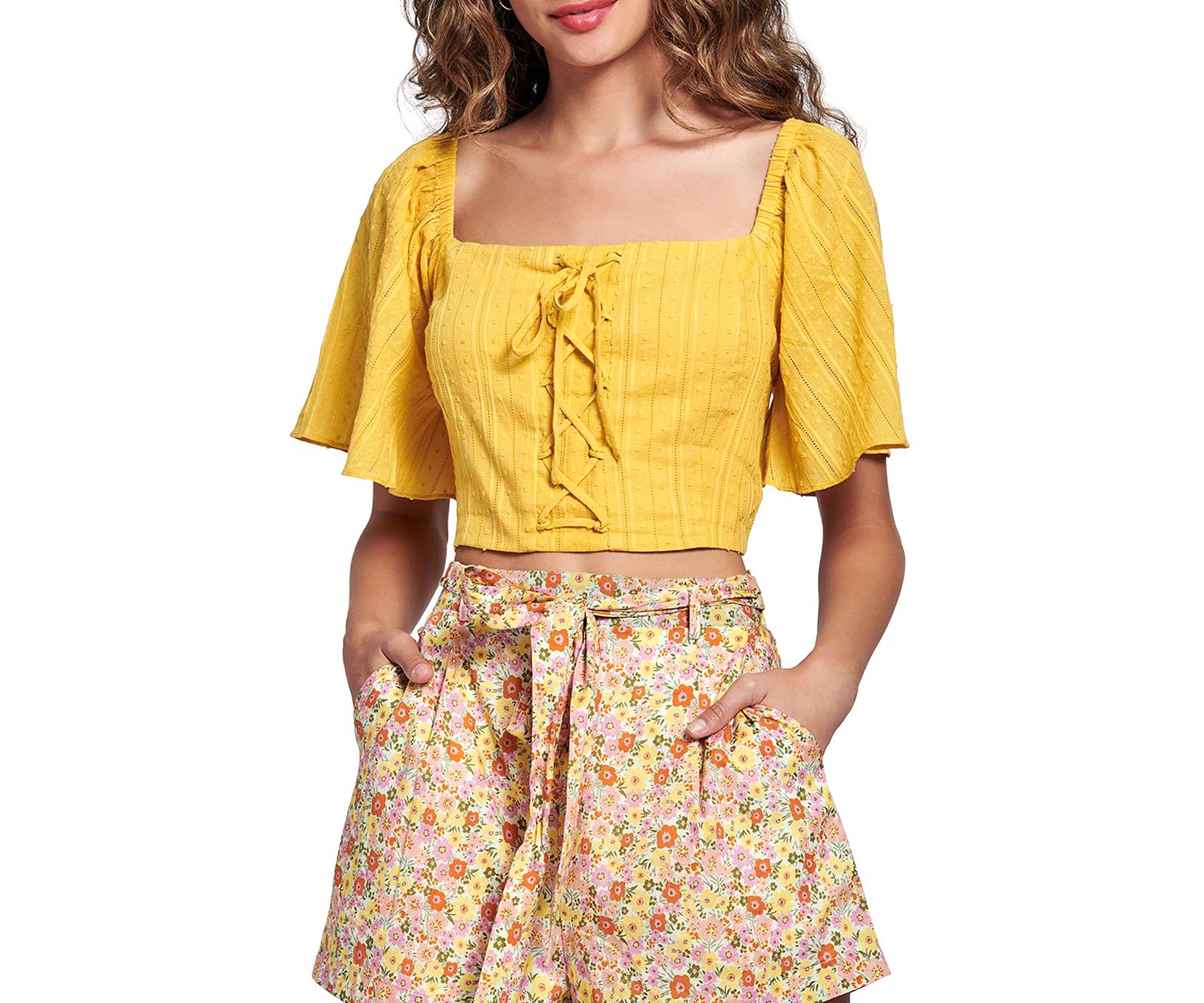 Womens Flutter Sleeve Lace-Up Front Top