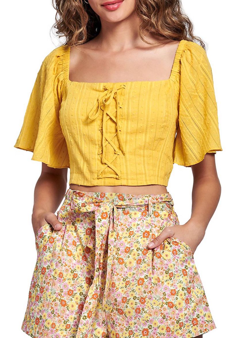 Womens Flutter Sleeve Lace-Up Front Top