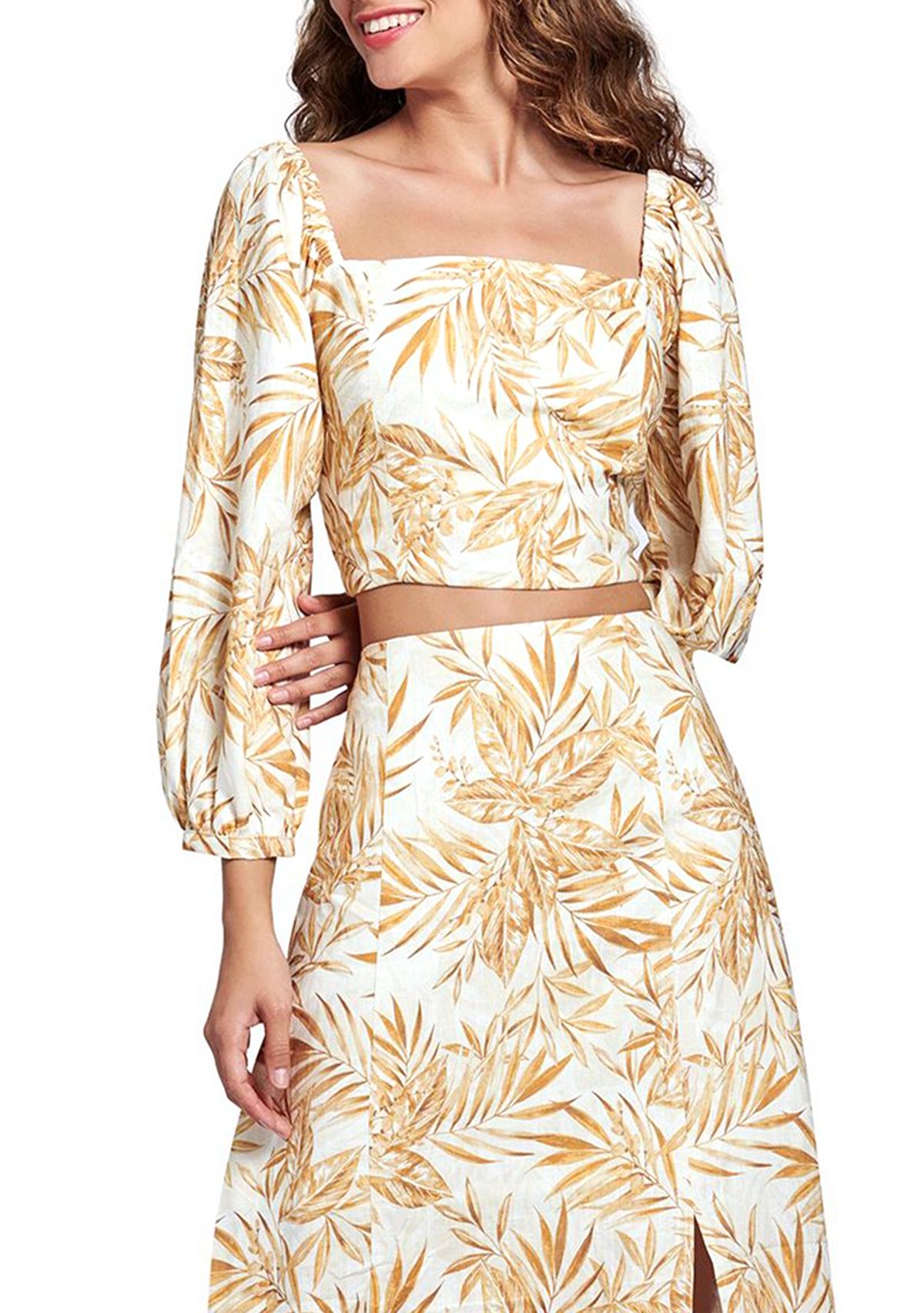 Womens Balloon Sleeve Square Neck Tropical Print Top 