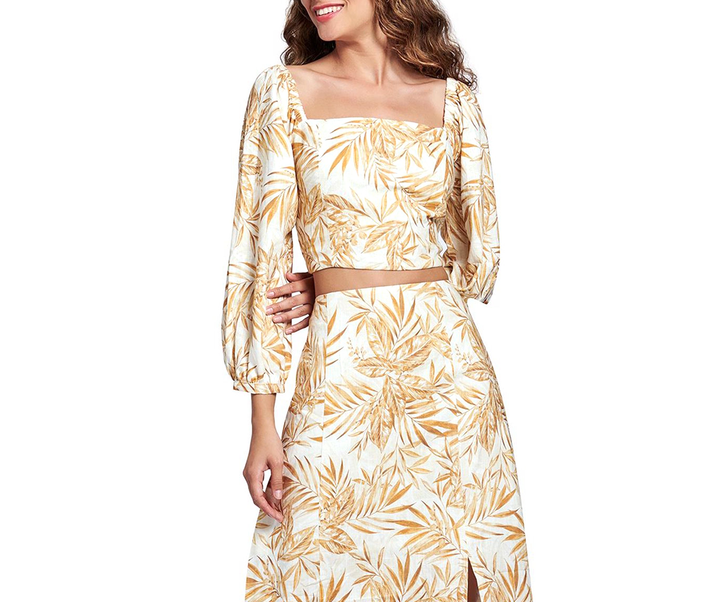 Womens Balloon Sleeve Square Neck Tropical Print Top 