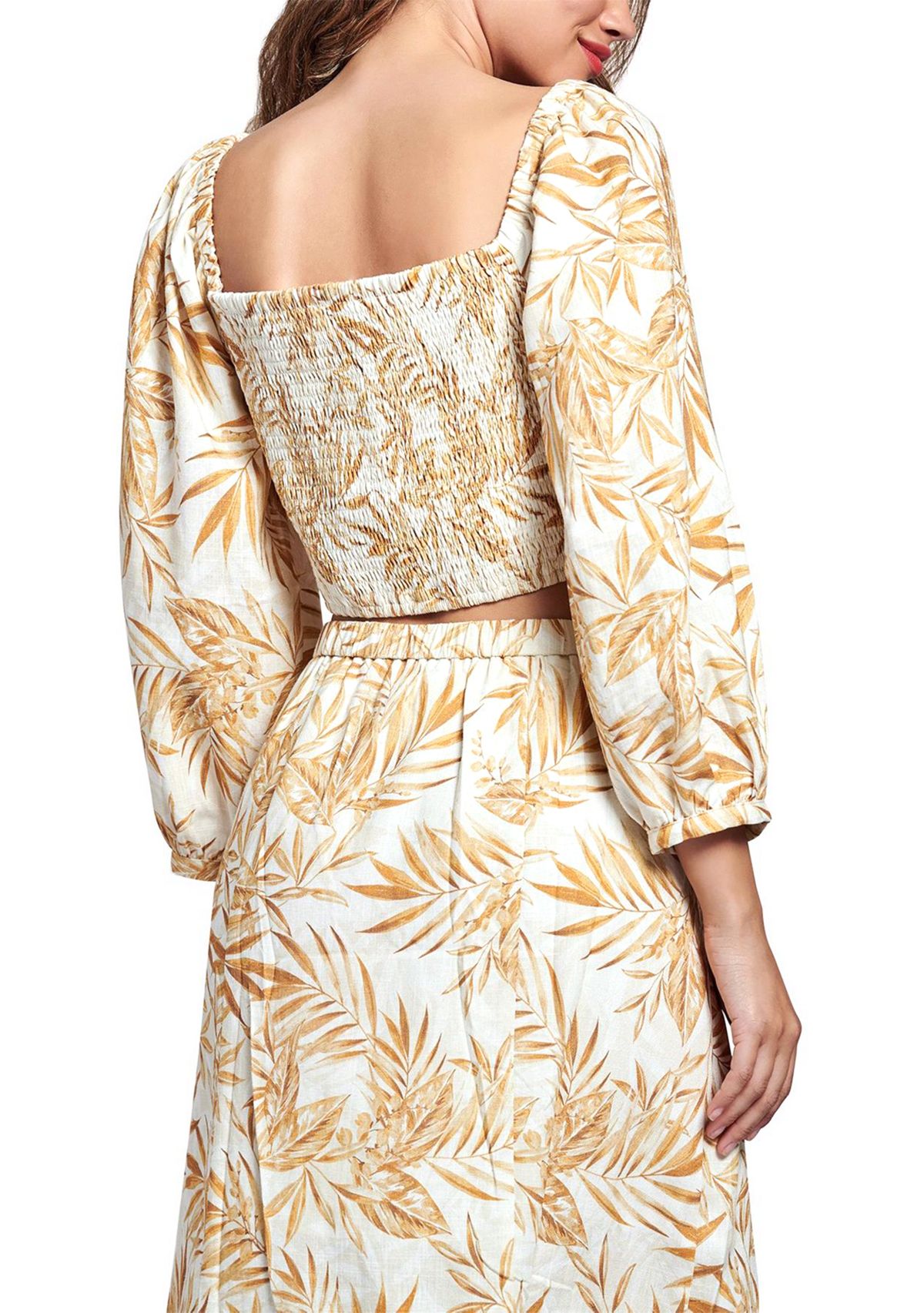 Womens Balloon Sleeve Square Neck Tropical Print Top 