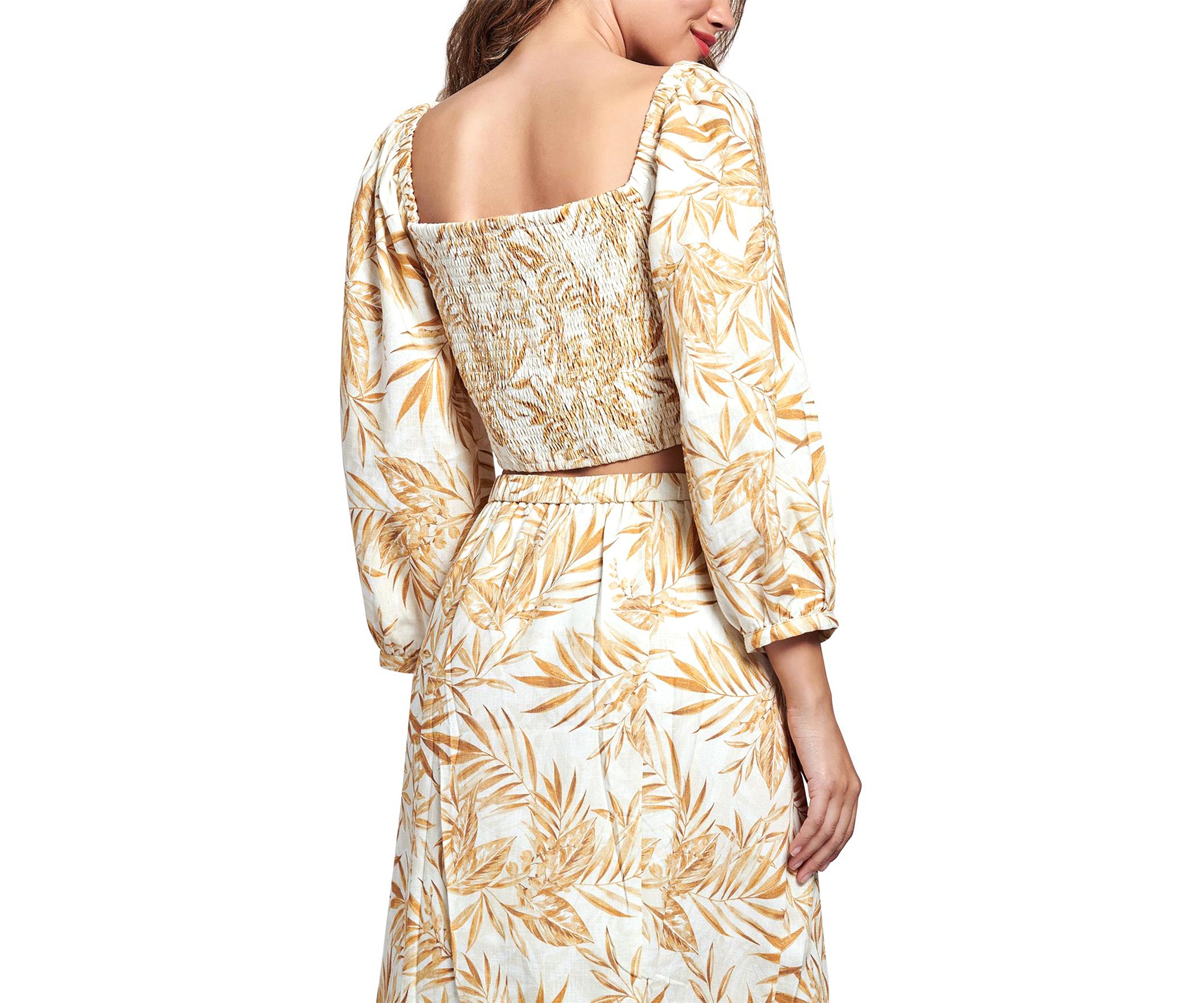 Womens Balloon Sleeve Square Neck Tropical Print Top 