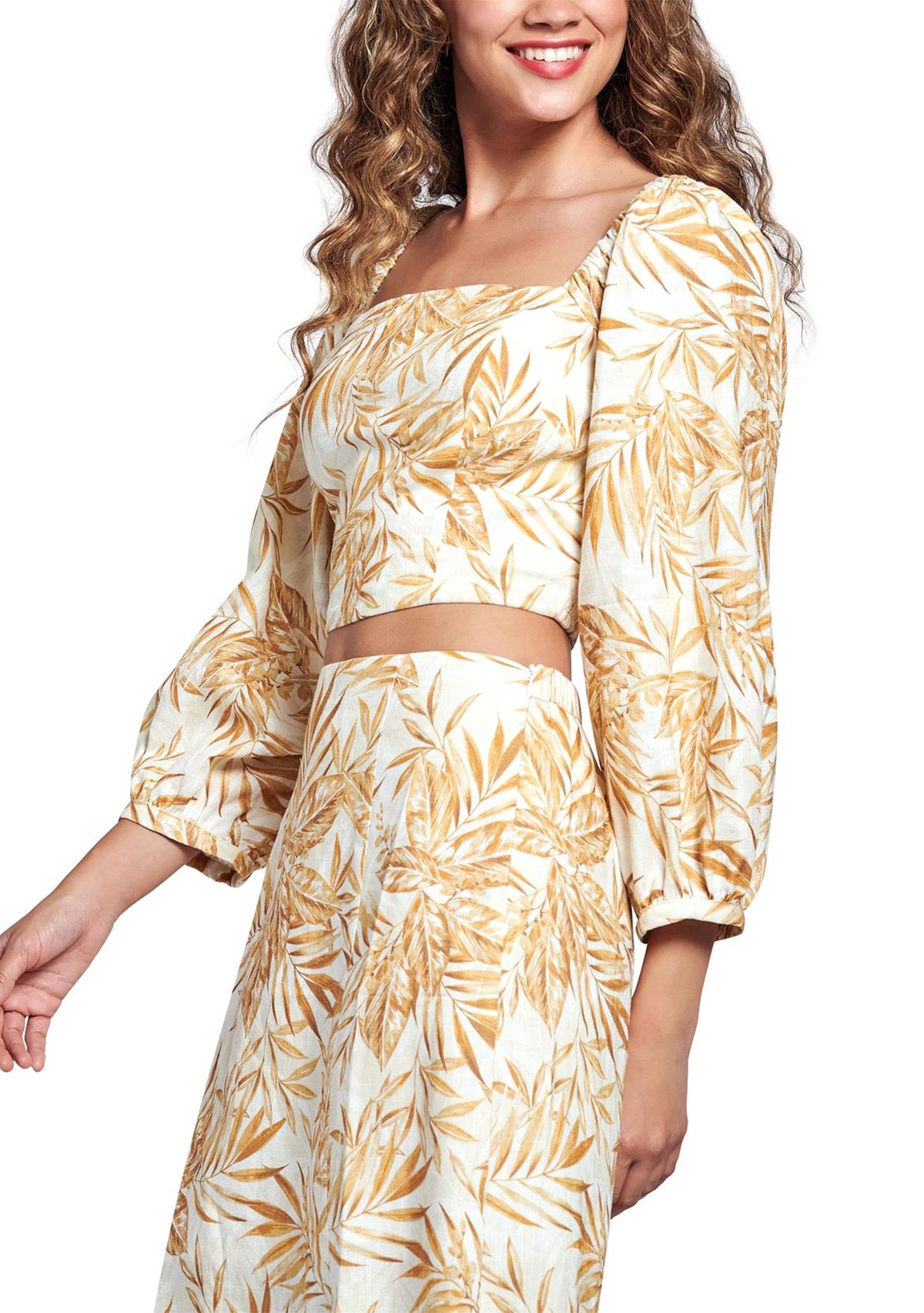 Womens Balloon Sleeve Square Neck Tropical Print Top 