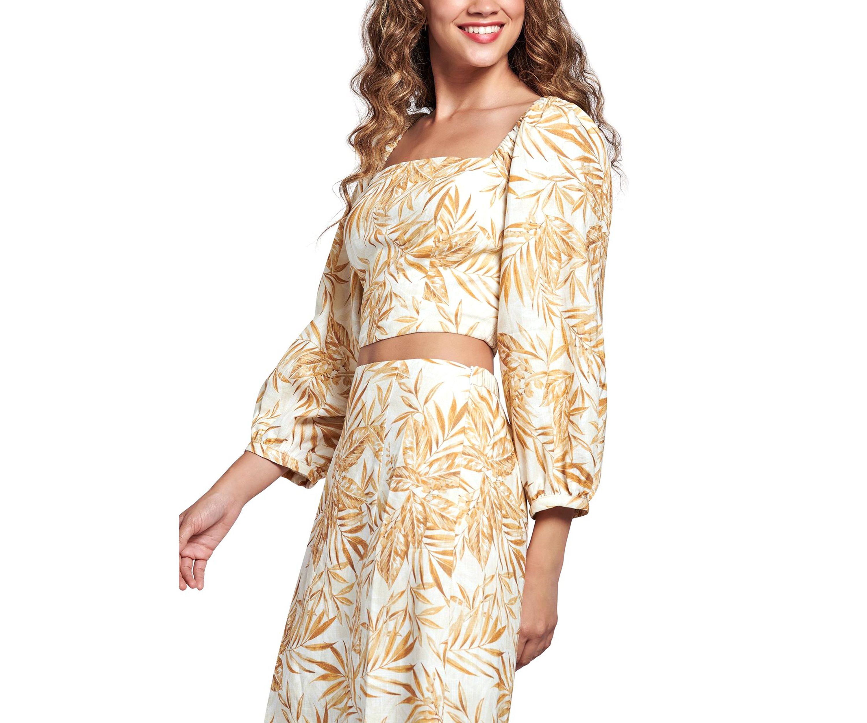 Womens Balloon Sleeve Square Neck Tropical Print Top 