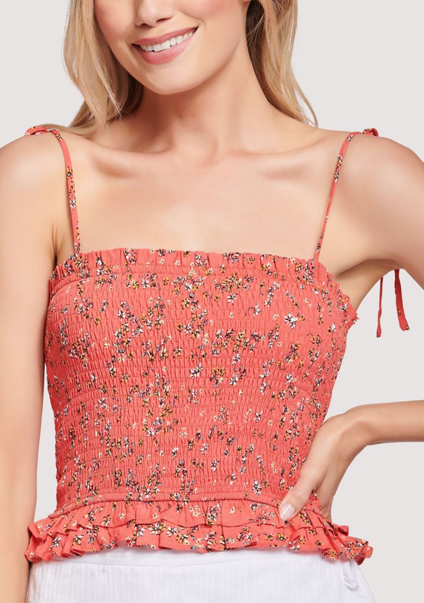Womens Spaghetti Strap Floral Smocked Tank 