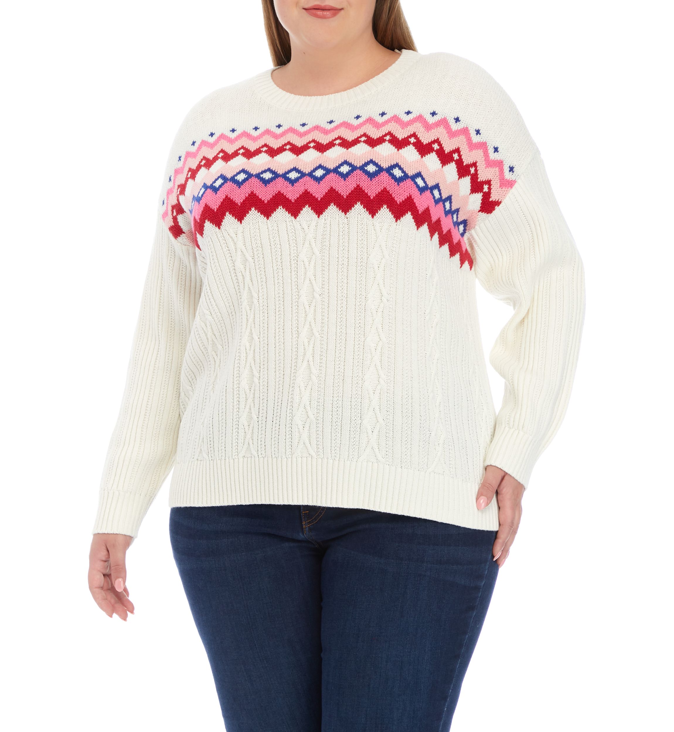 Plus Size Cable Knit Intarsia Pullover