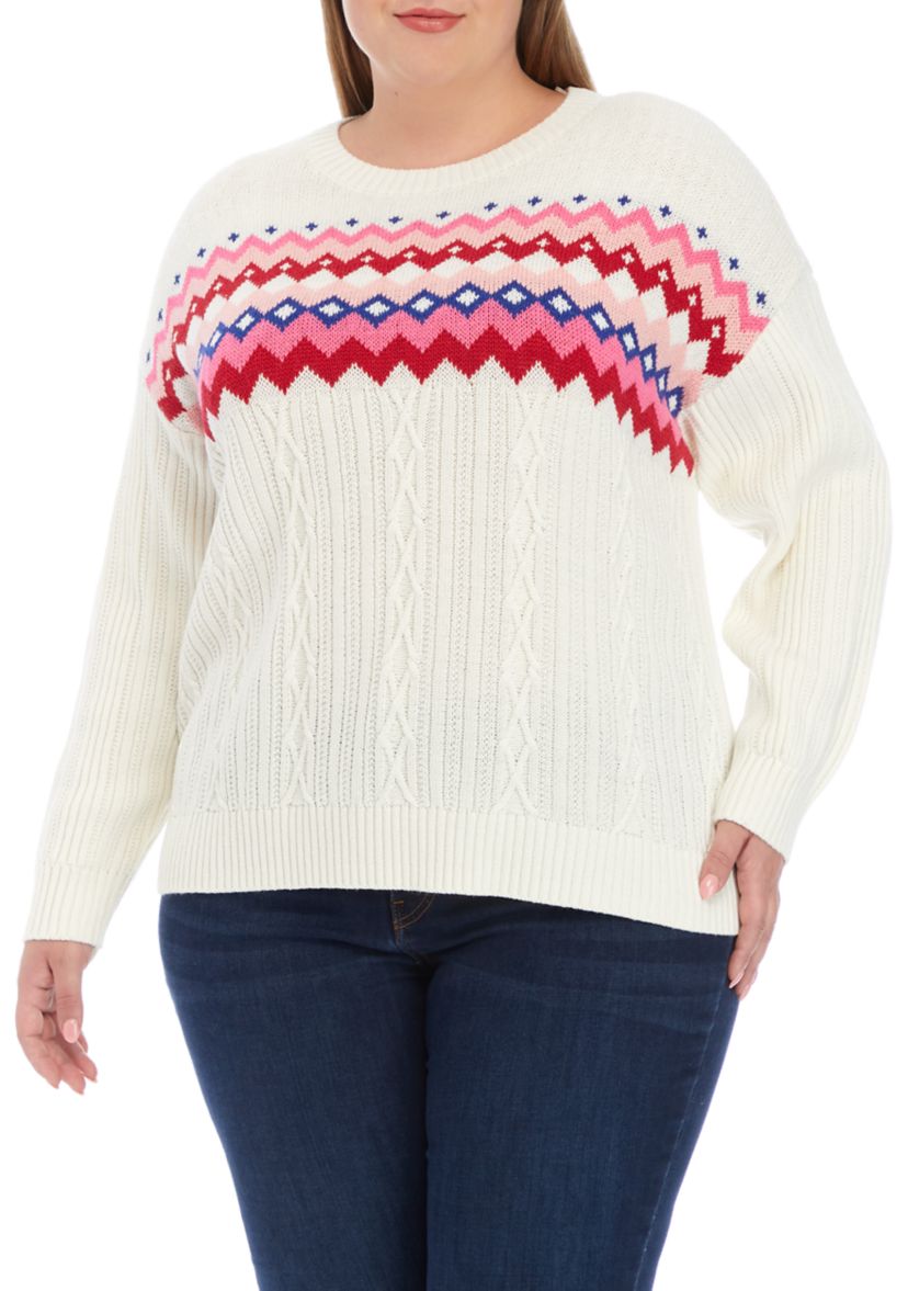 Plus Size Cable Knit Intarsia Pullover