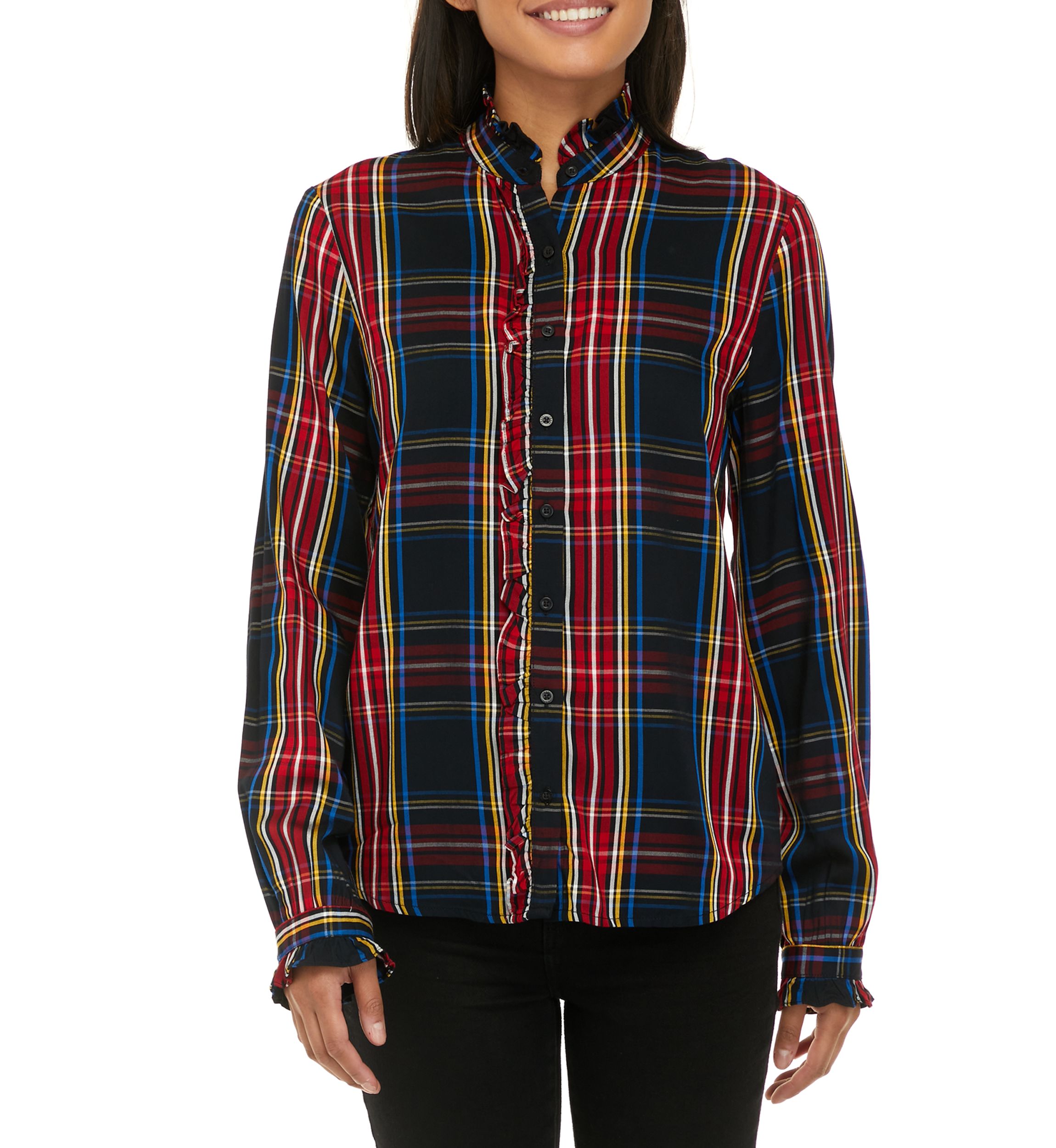 Womens Ruffle Plaid Peasant Top