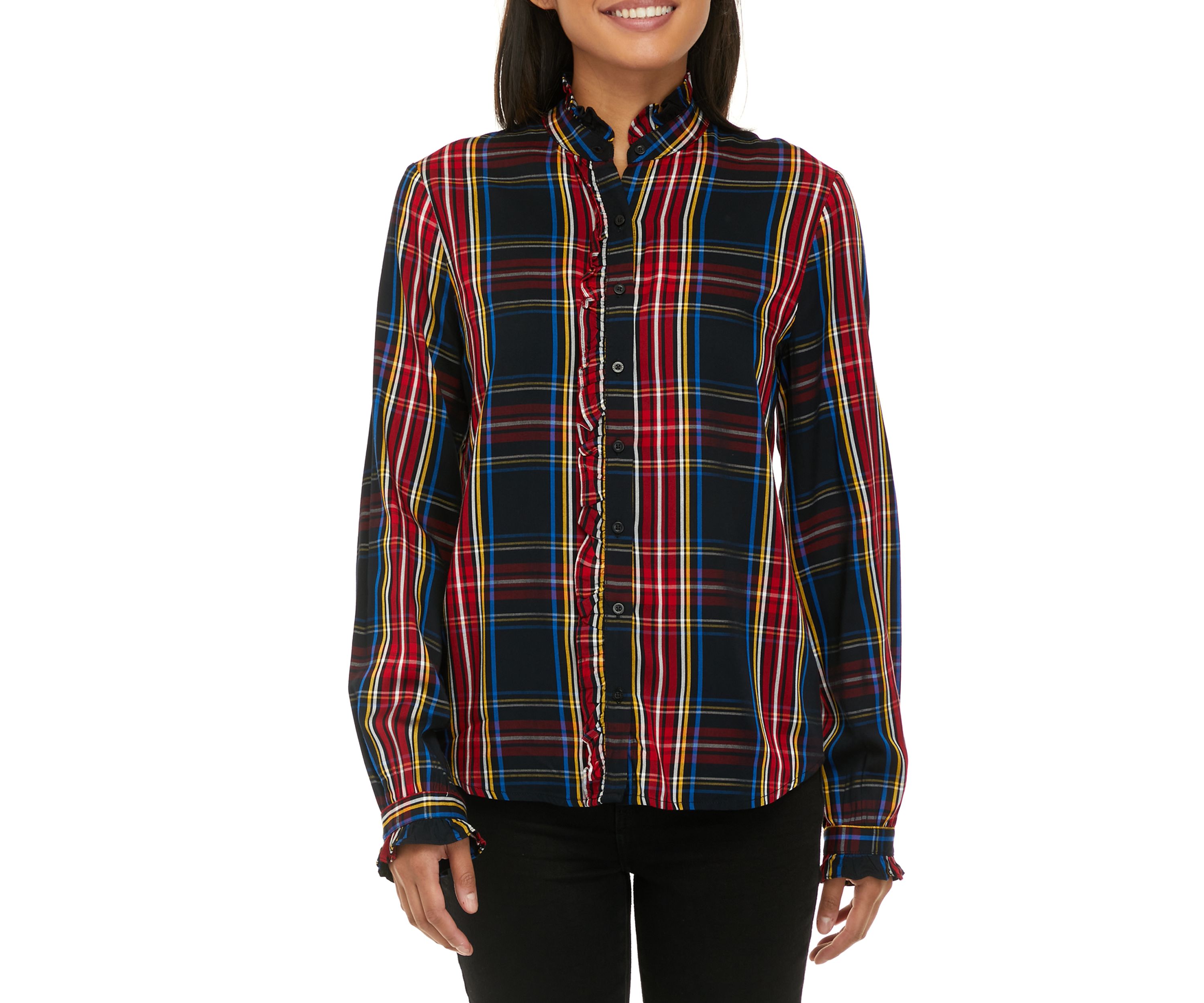 Womens Ruffle Plaid Peasant Top