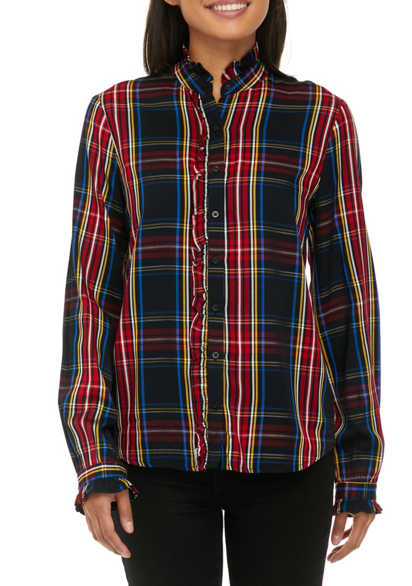 Womens Ruffle Plaid Peasant Top