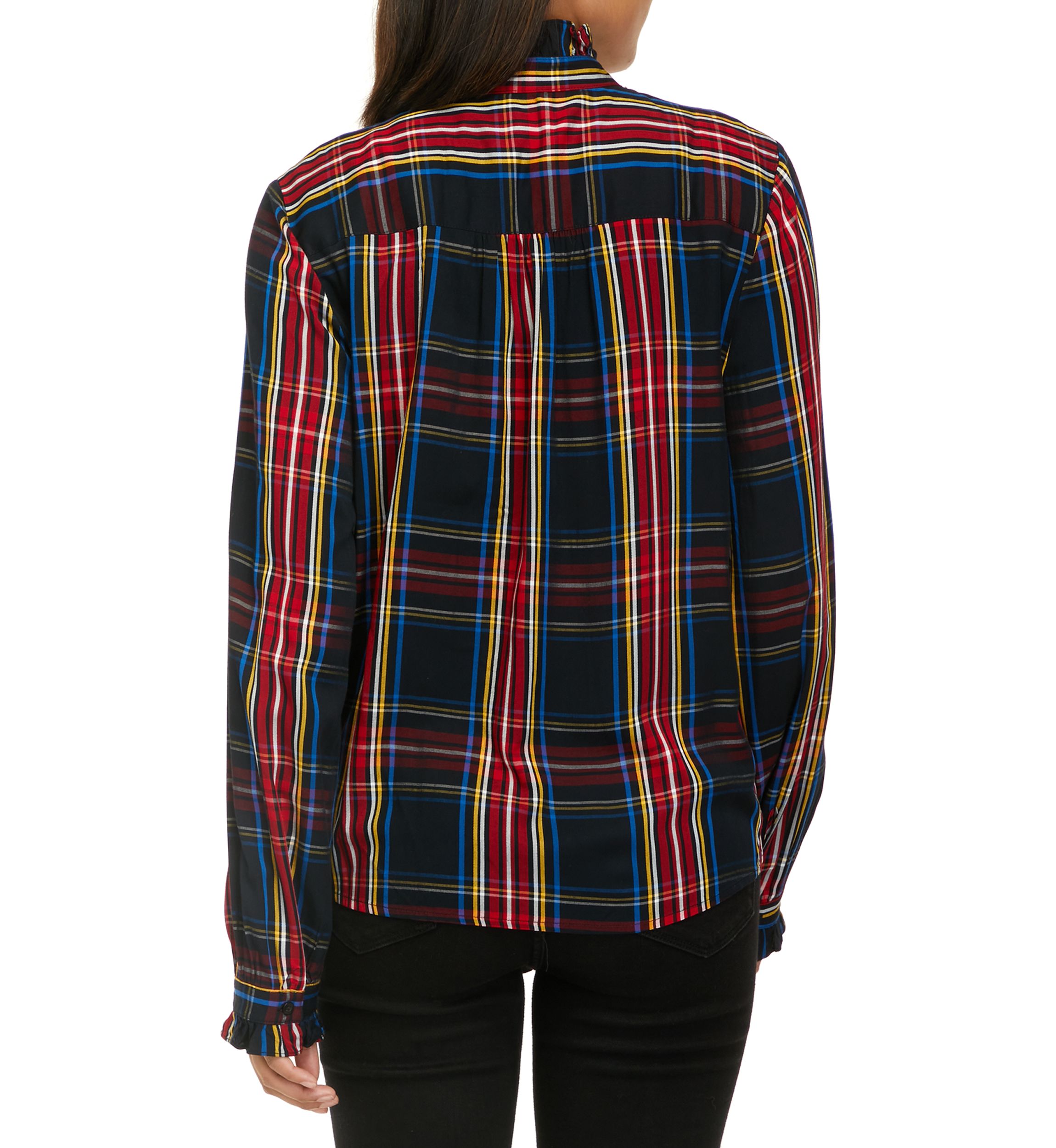 Womens Ruffle Plaid Peasant Top