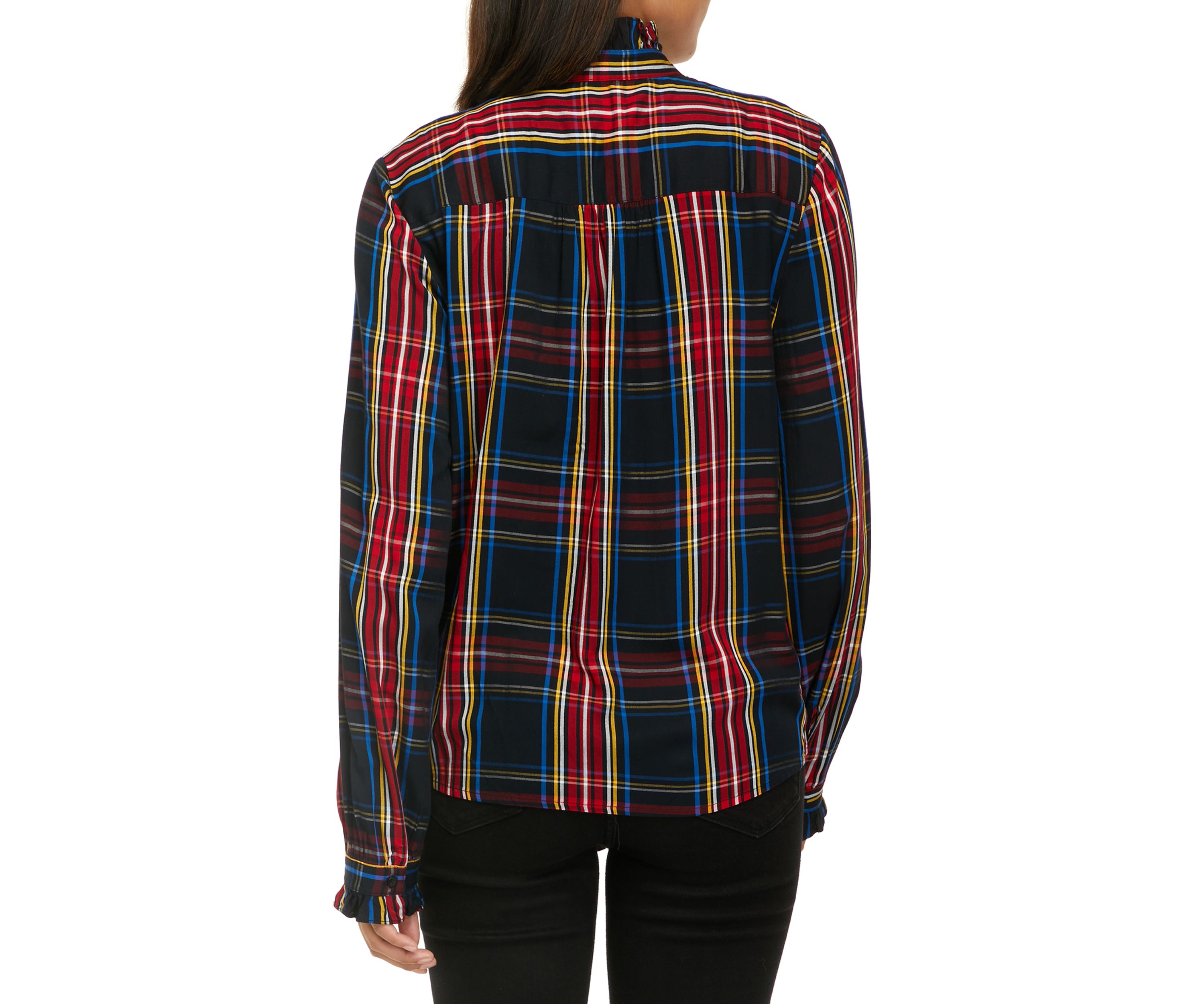 Womens Ruffle Plaid Peasant Top