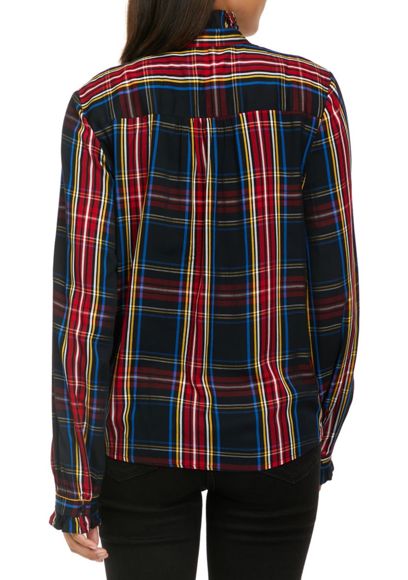 Womens Ruffle Plaid Peasant Top
