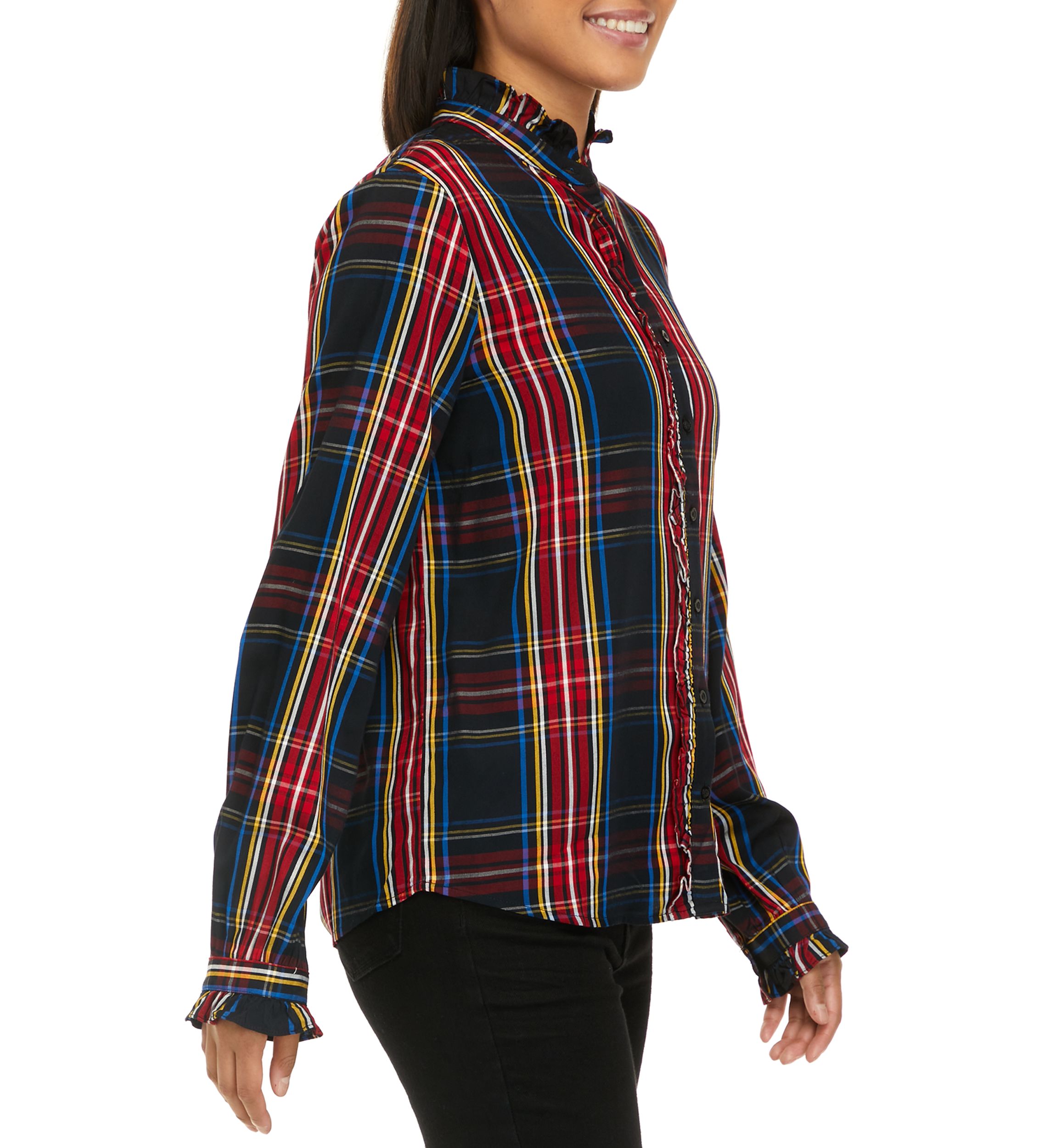 Womens Ruffle Plaid Peasant Top