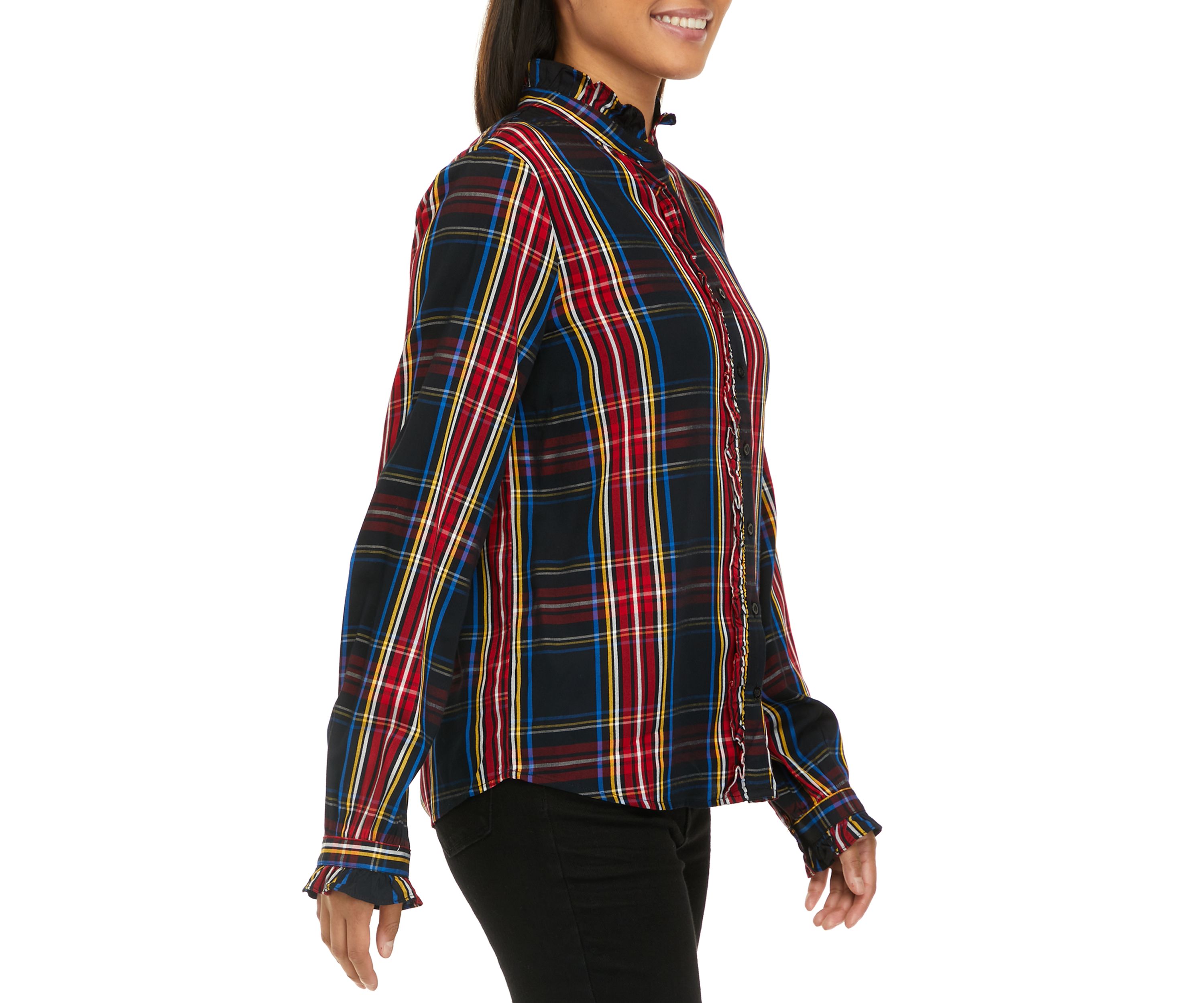 Womens Ruffle Plaid Peasant Top