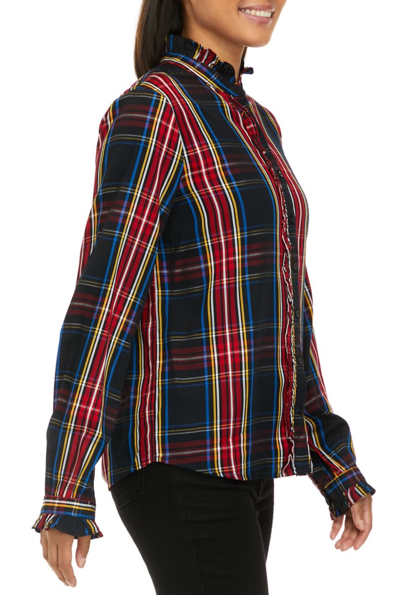 Womens Ruffle Plaid Peasant Top