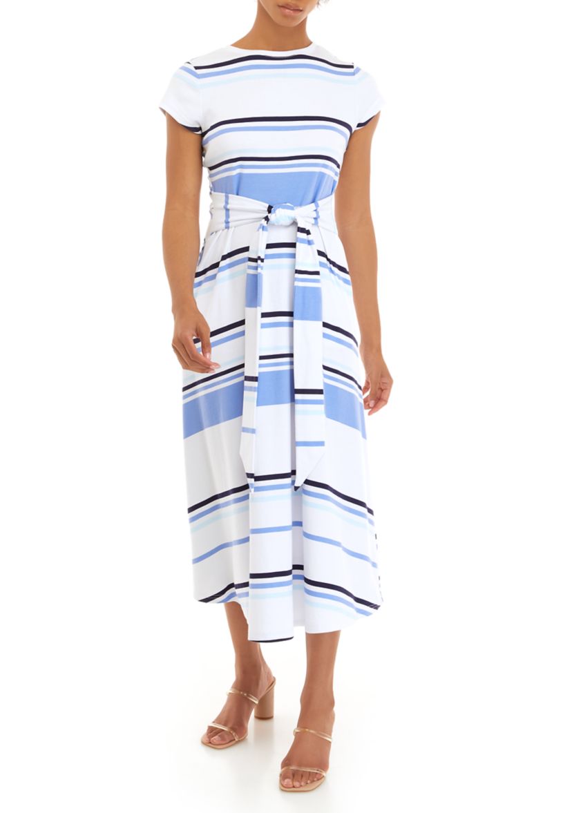 Womens Short Sleeve Tie Waist Midi Dress