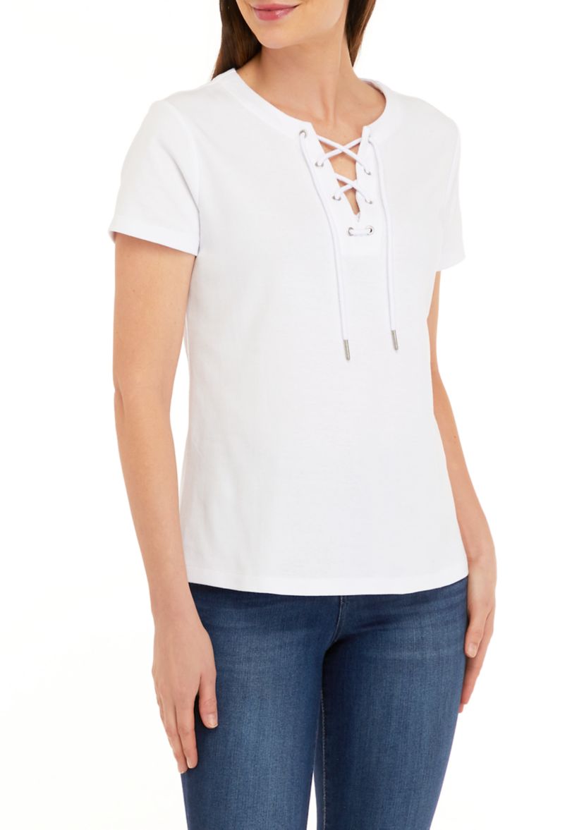 Womens Lace Up Solid T-Shirt