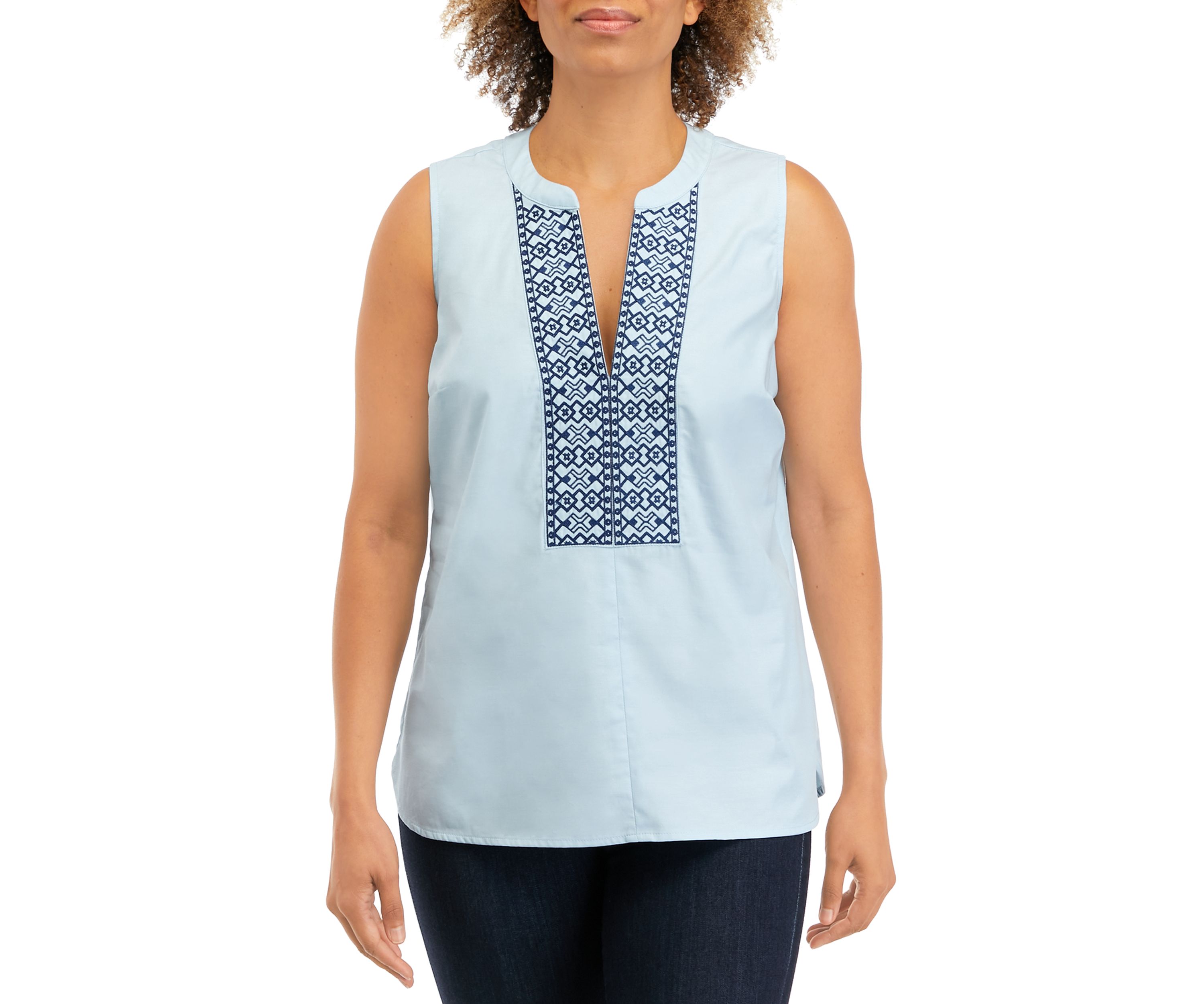 Womens Embroidered Sleeveless Chambray Blouse
