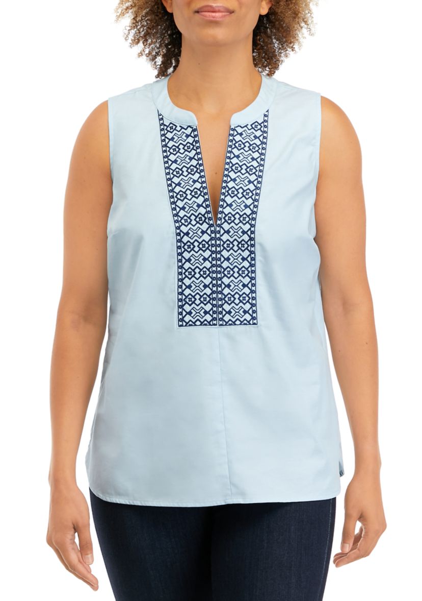Womens Embroidered Sleeveless Chambray Blouse