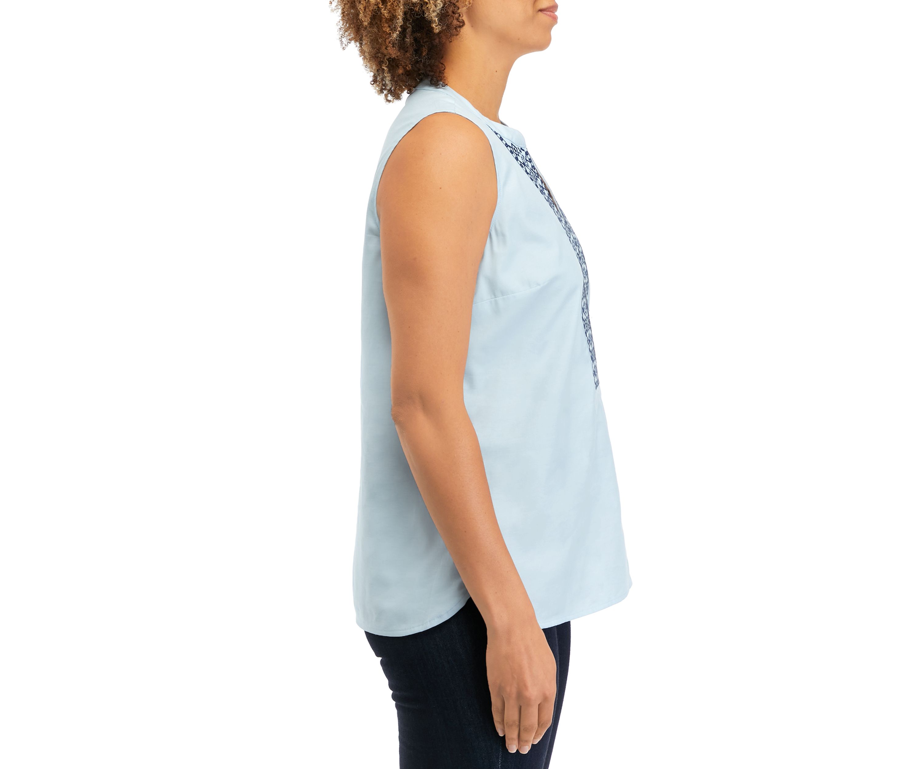Womens Embroidered Sleeveless Chambray Blouse