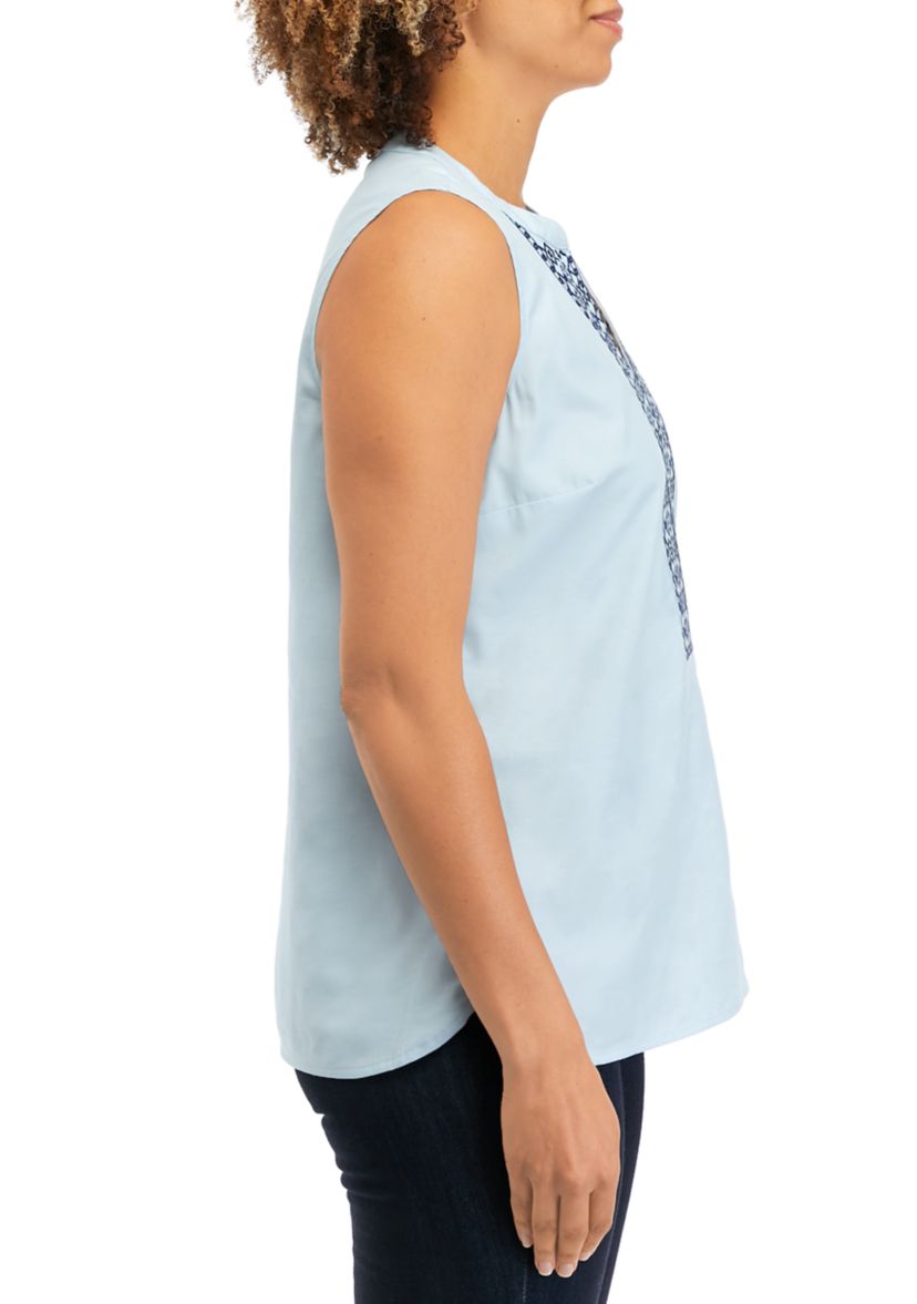 Womens Embroidered Sleeveless Chambray Blouse