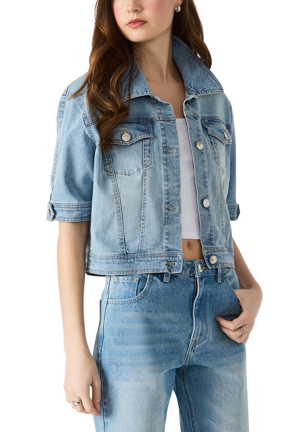 Womens Blu Elbow Sleeve Denim Trucker Jacket