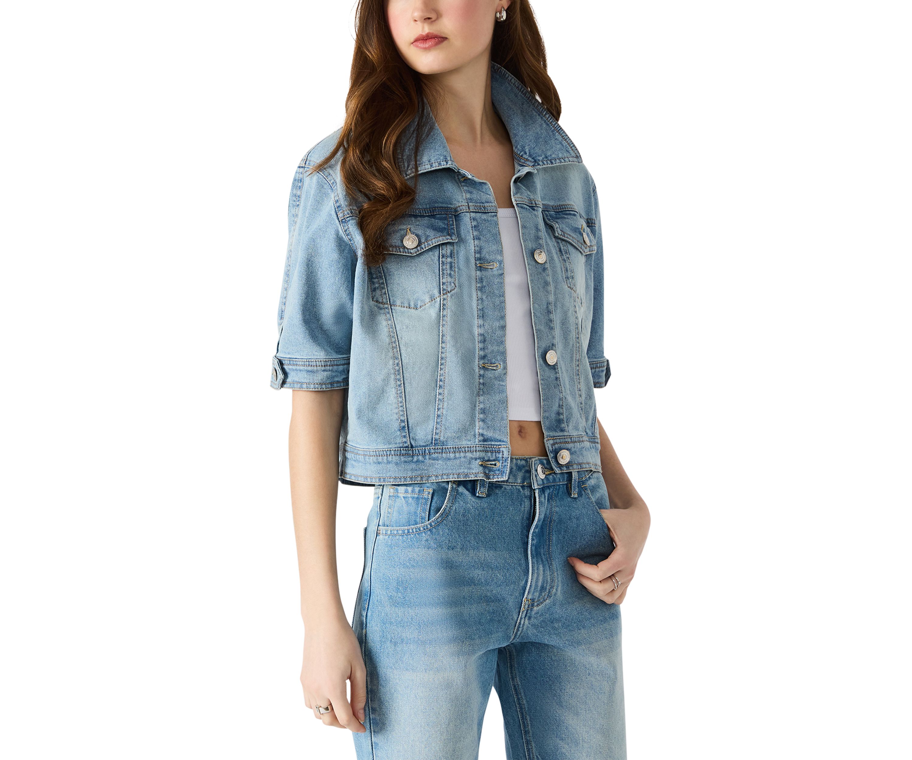 Womens Blu Elbow Sleeve Denim Trucker Jacket