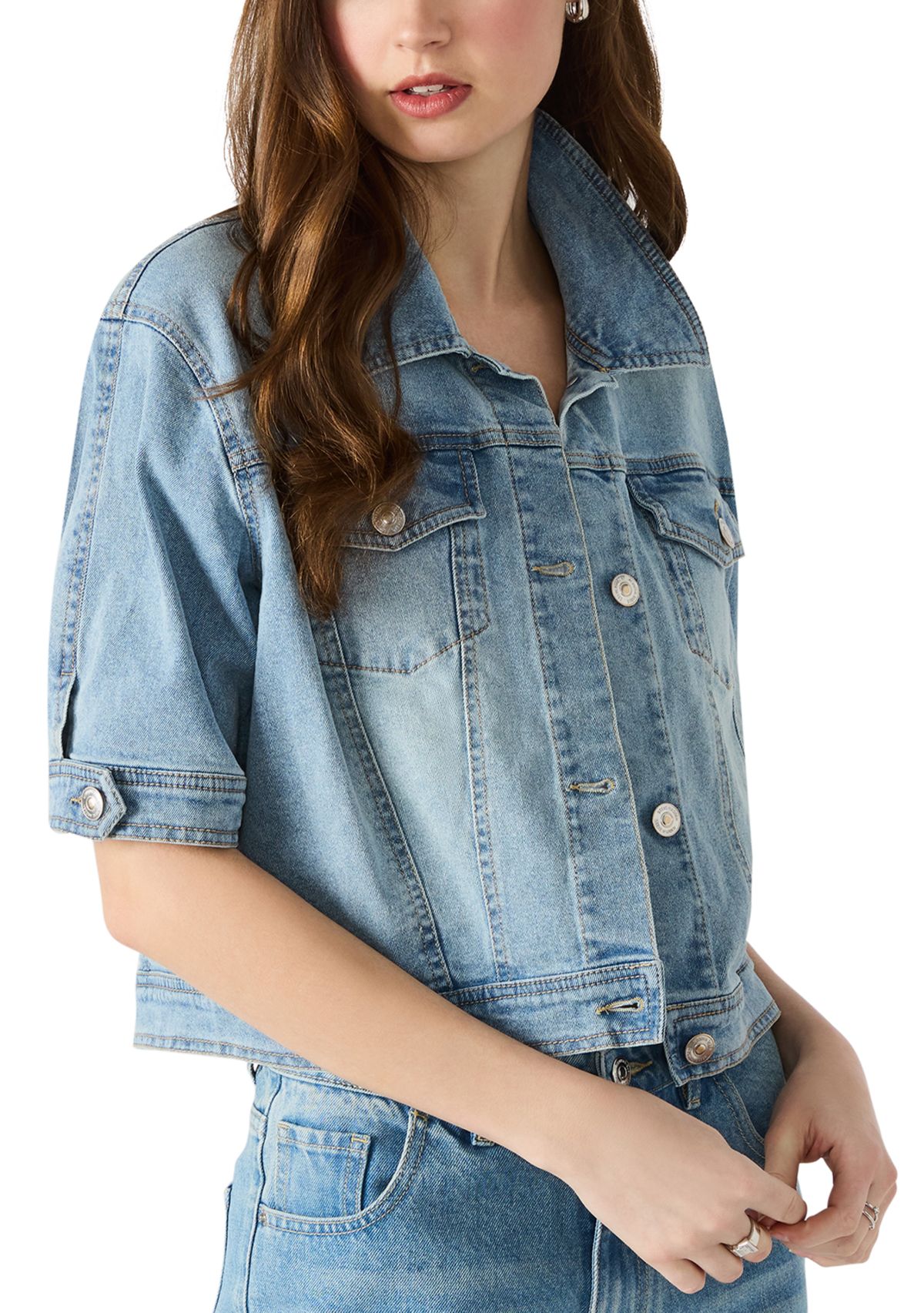 Womens Blu Elbow Sleeve Denim Trucker Jacket