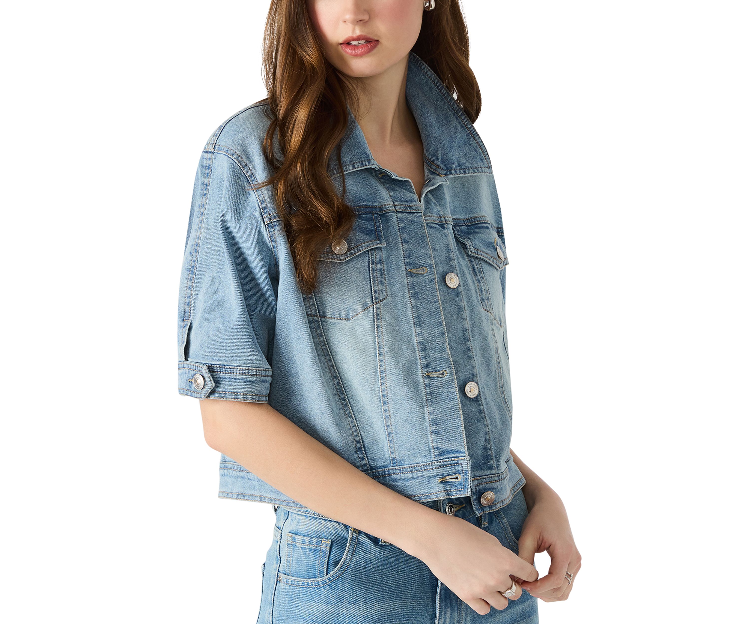 Womens Blu Elbow Sleeve Denim Trucker Jacket