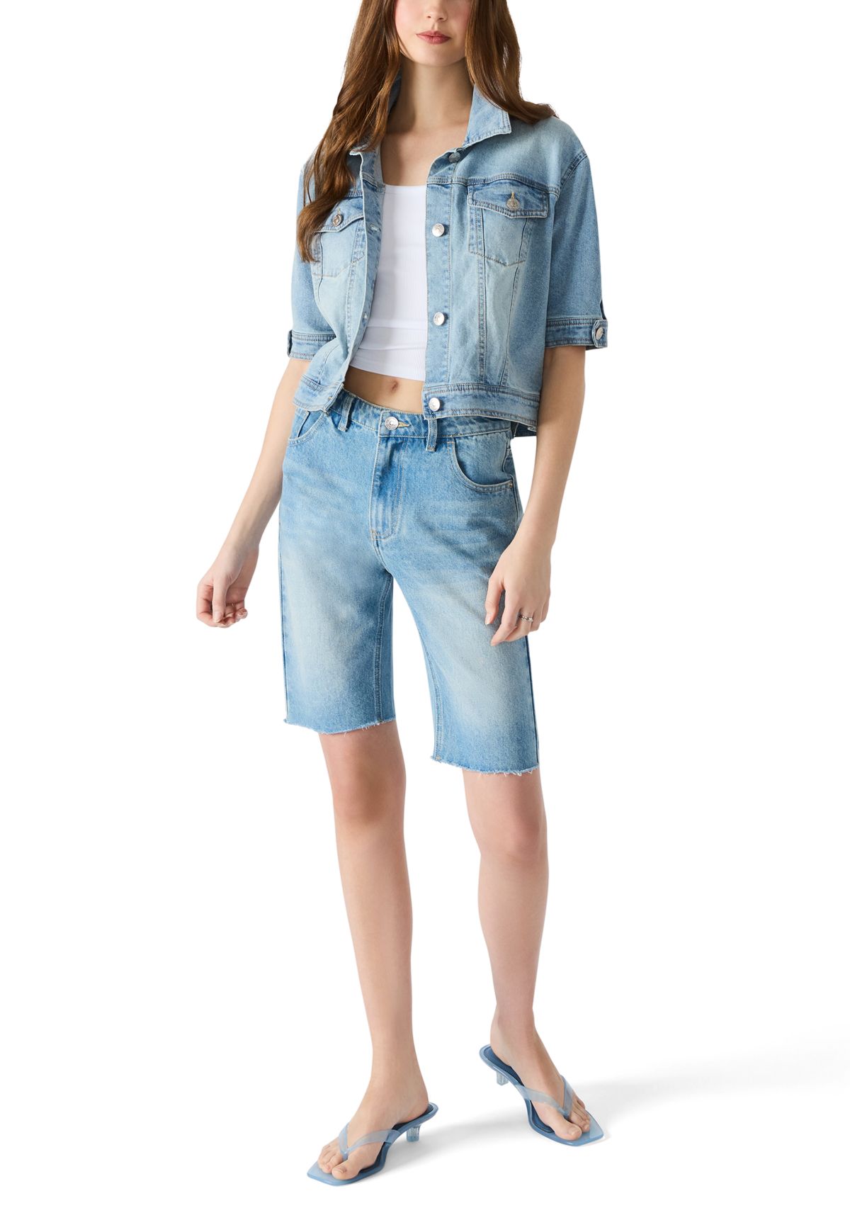 Womens Blu Elbow Sleeve Denim Trucker Jacket