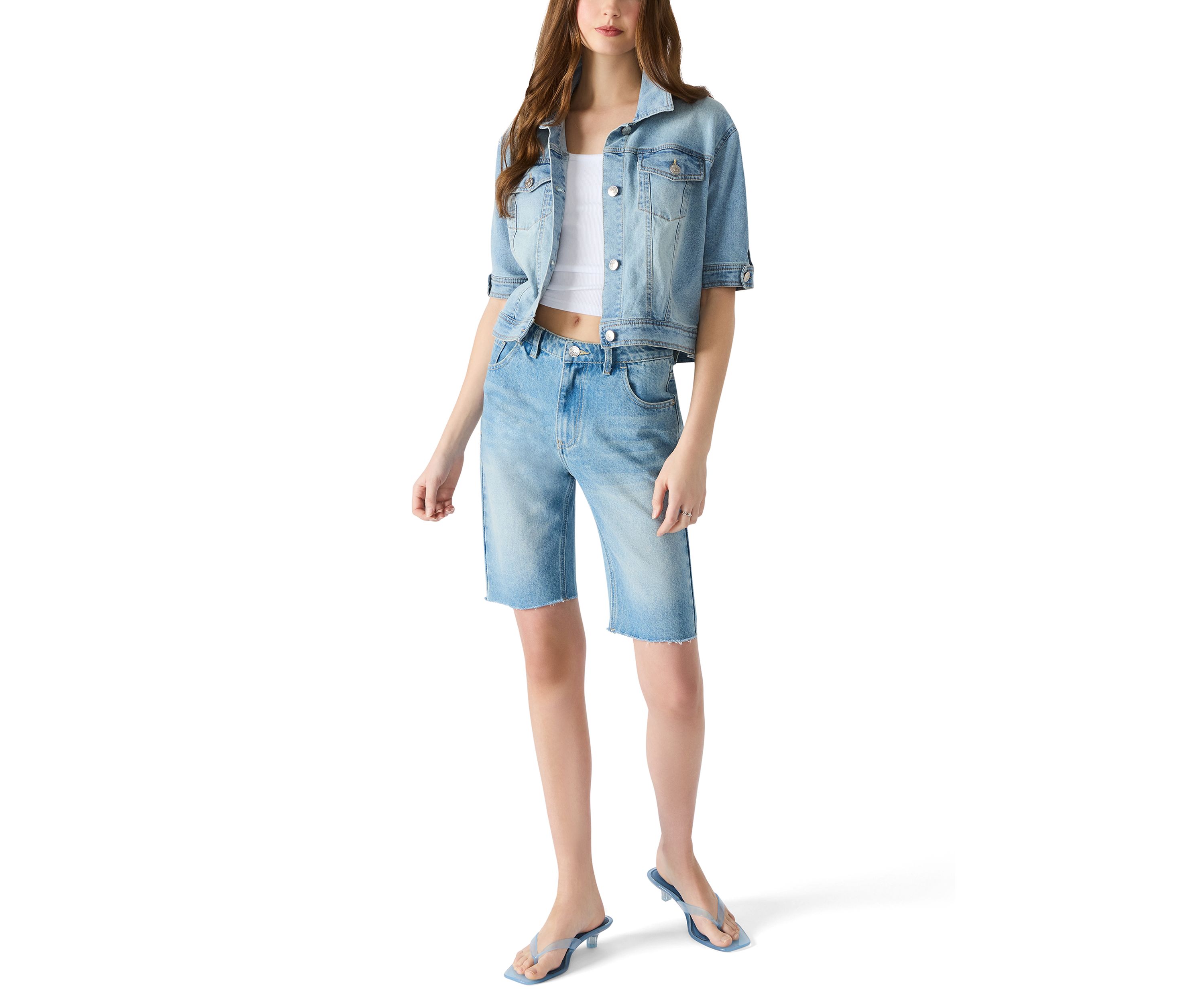 Womens Blu Elbow Sleeve Denim Trucker Jacket