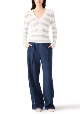 Steve Madden Women's V-Neck Striped Sweater, Navy Blue, XS