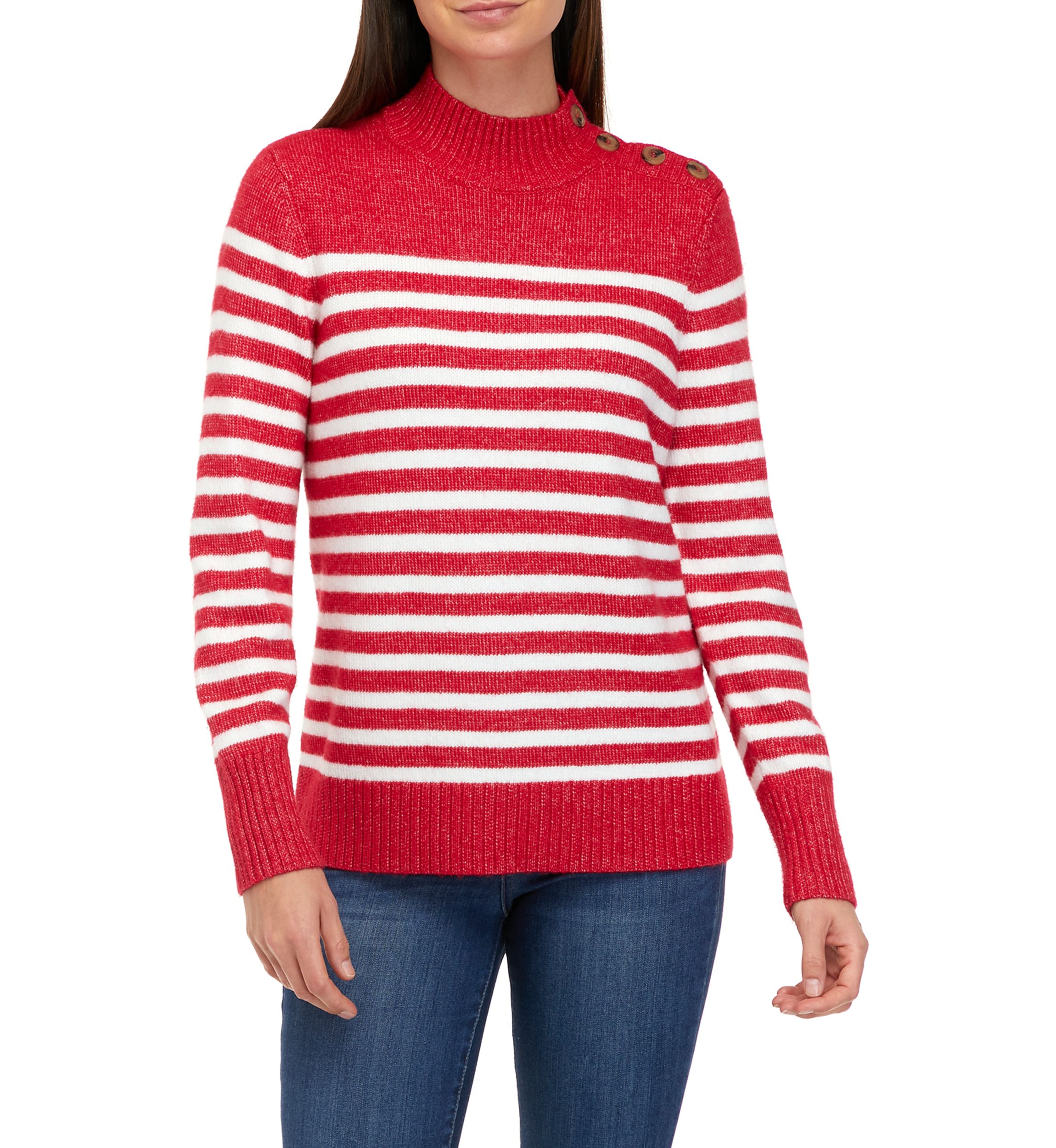 Womens Button Shoulder Stripe Sweater