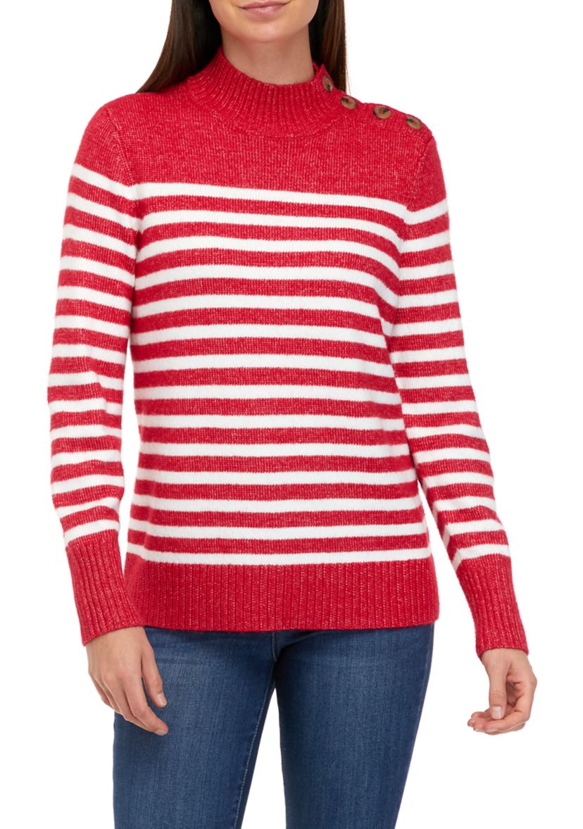 Womens Button Shoulder Stripe Sweater