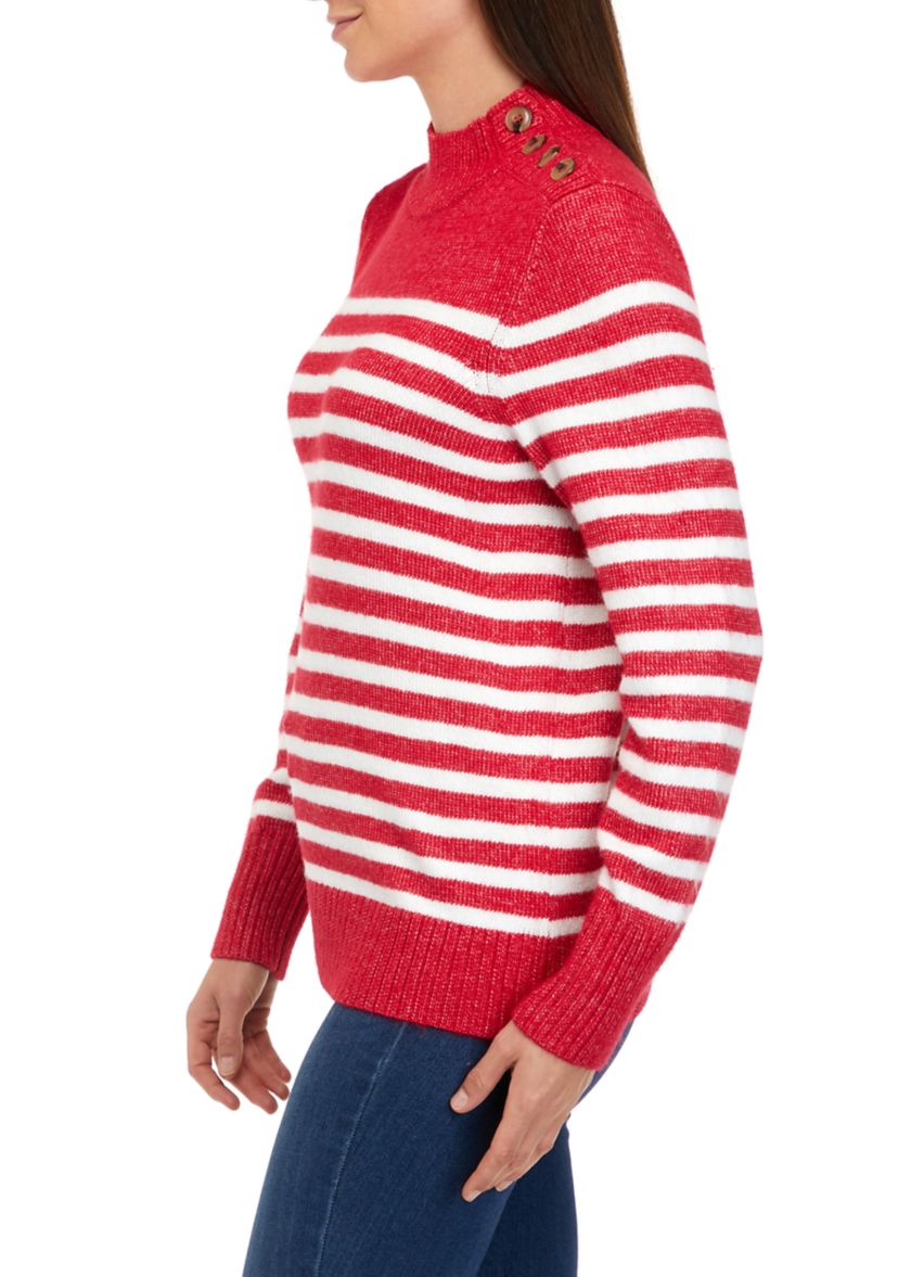 Womens Button Shoulder Stripe Sweater