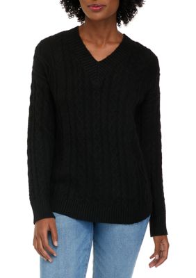 Women's V-Neck Cable Round Hem Sweater