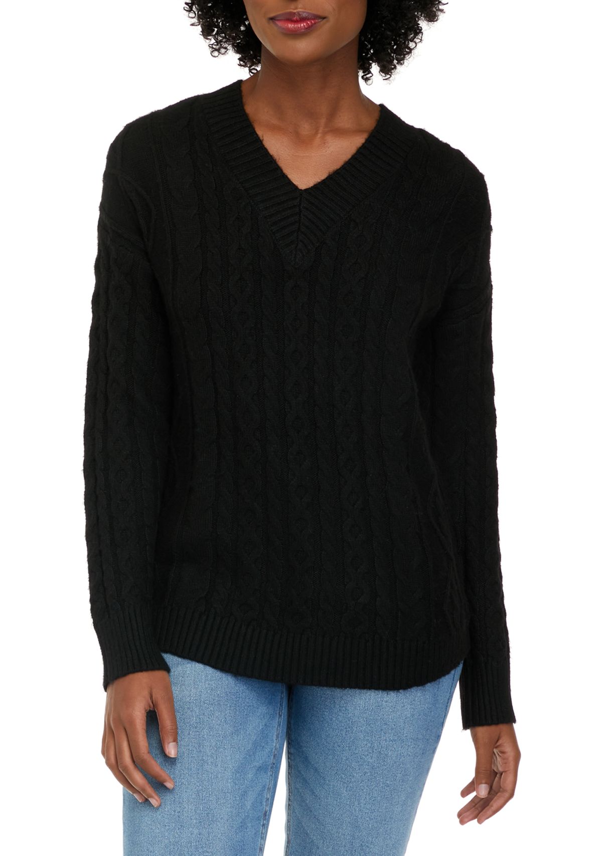 Womens V-Neck Cable Round Hem Sweater