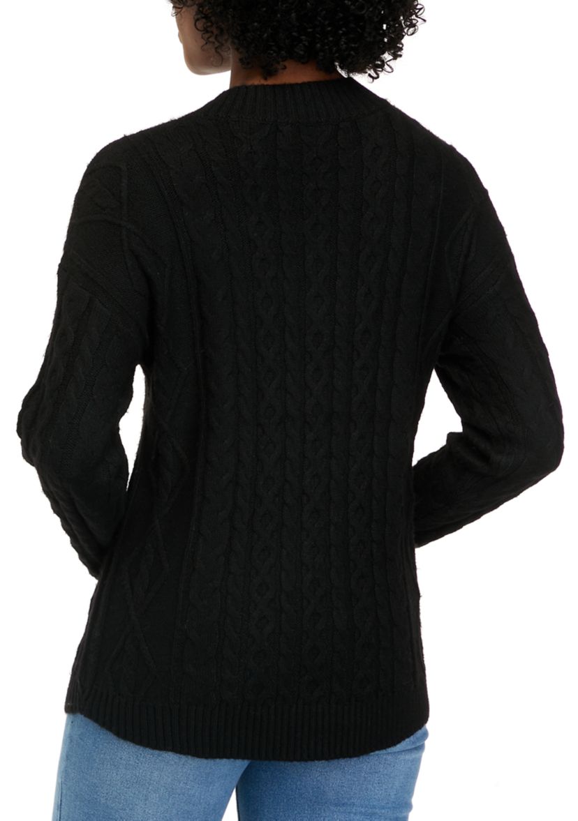 Womens V-Neck Cable Round Hem Sweater