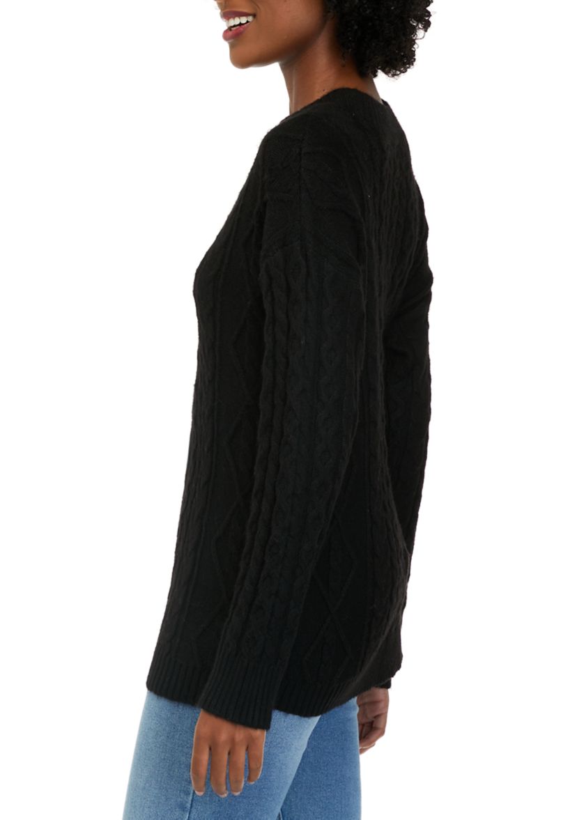 Womens V-Neck Cable Round Hem Sweater