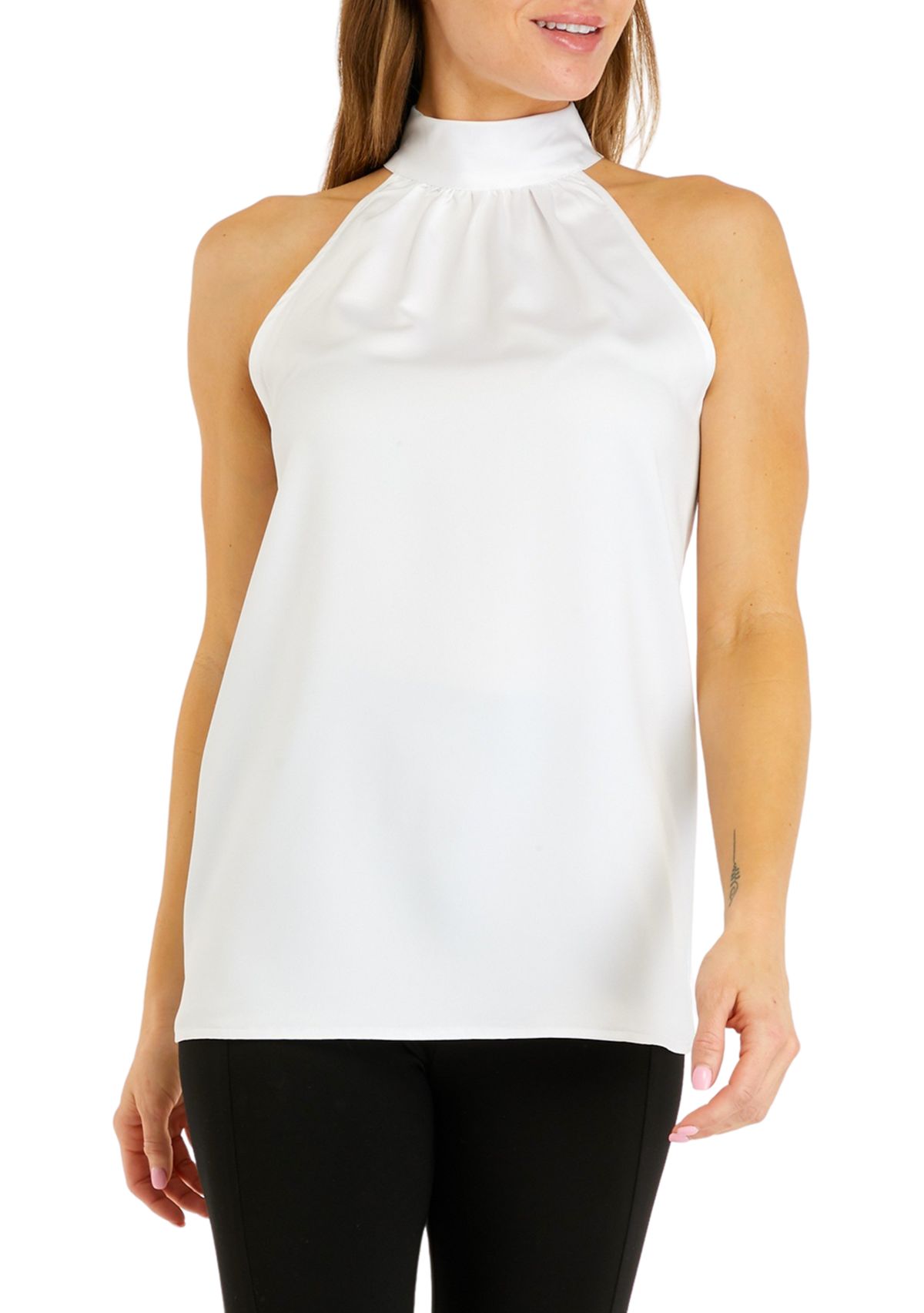 Womens Satin Sleeveless Mock Neck Top
